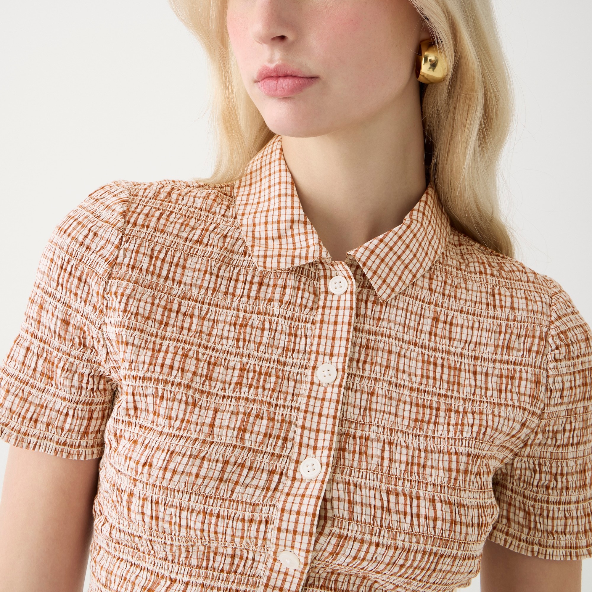 Smocked button-up shirt in gingham cotton voile