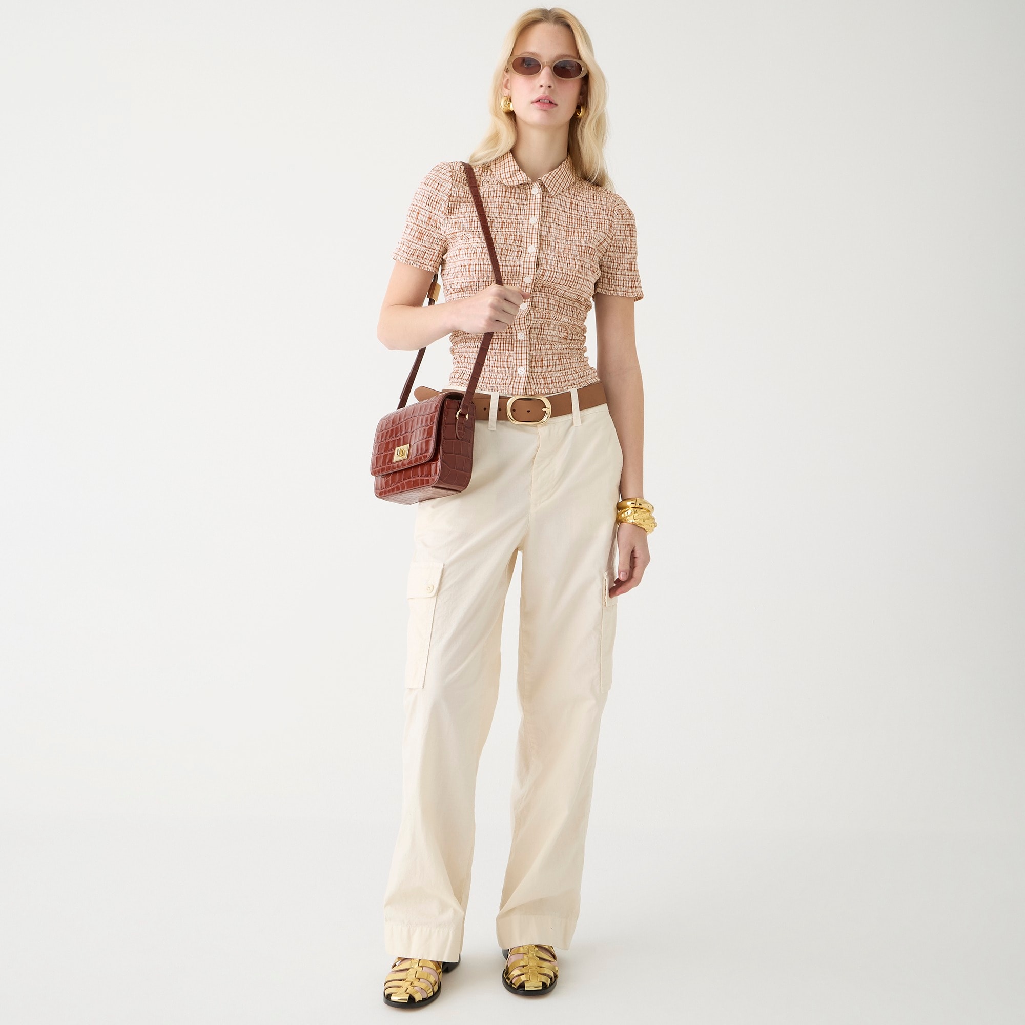 Smocked button-up shirt in gingham cotton voile