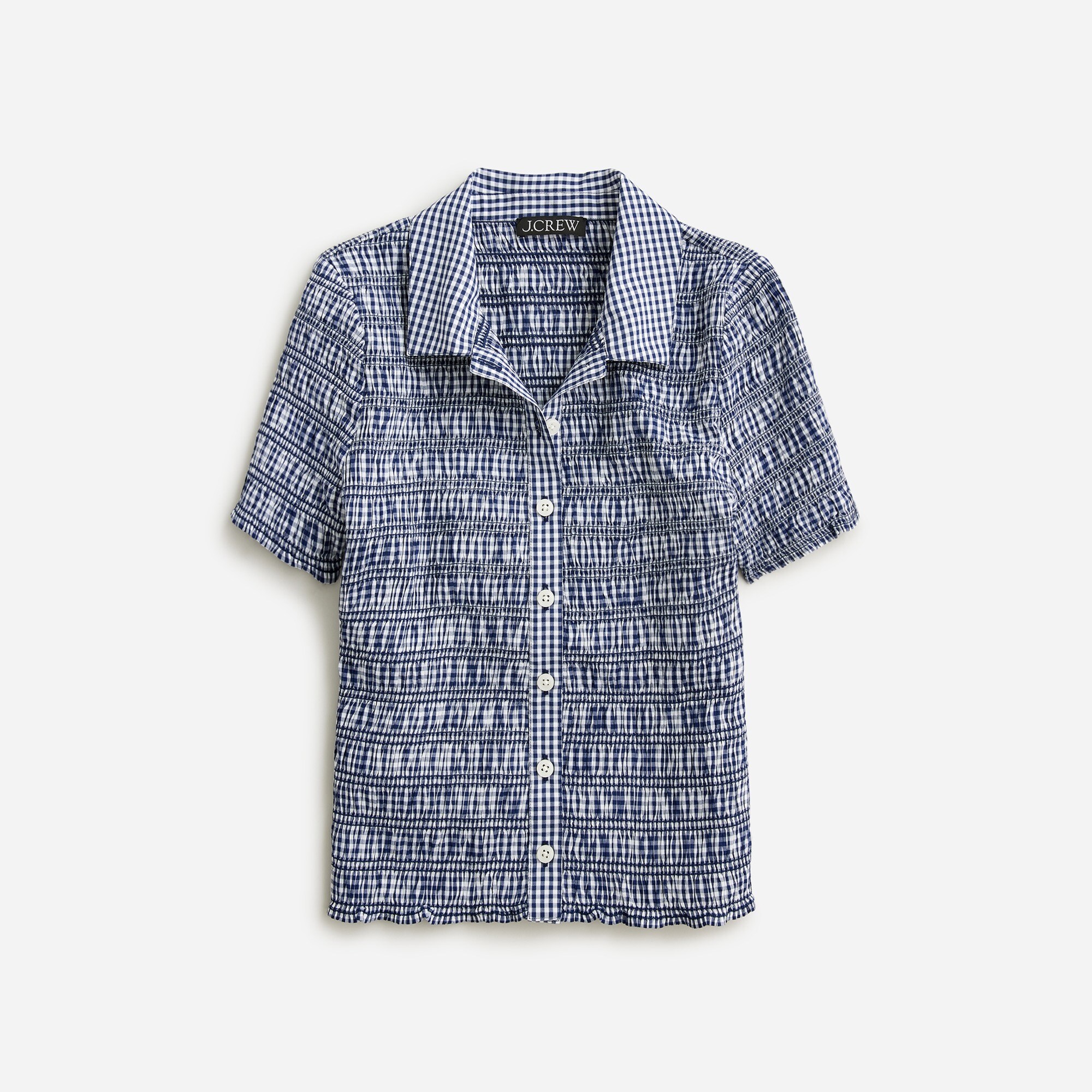  Smocked button-up shirt in gingham cotton voile