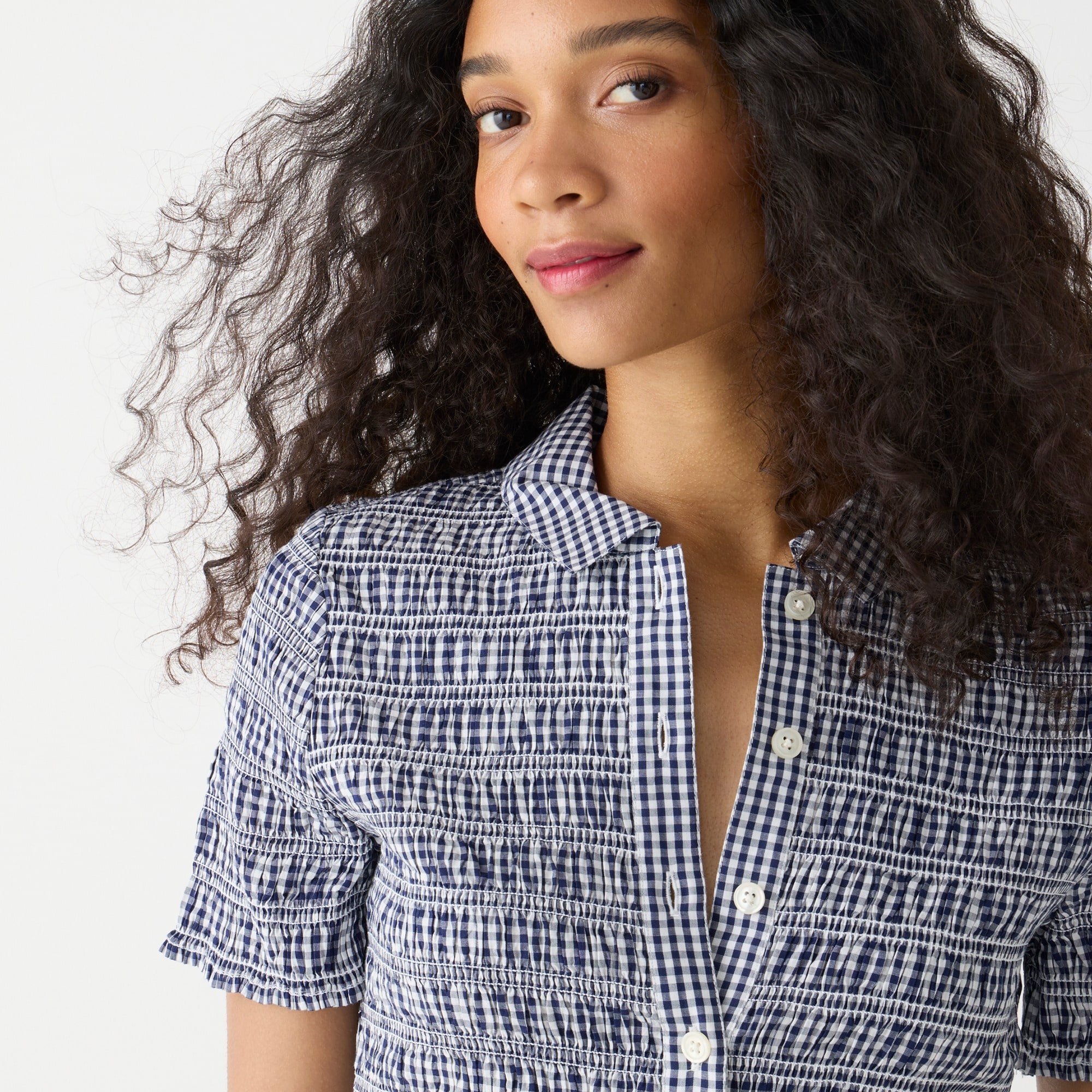 Smocked button-up shirt in gingham cotton voile