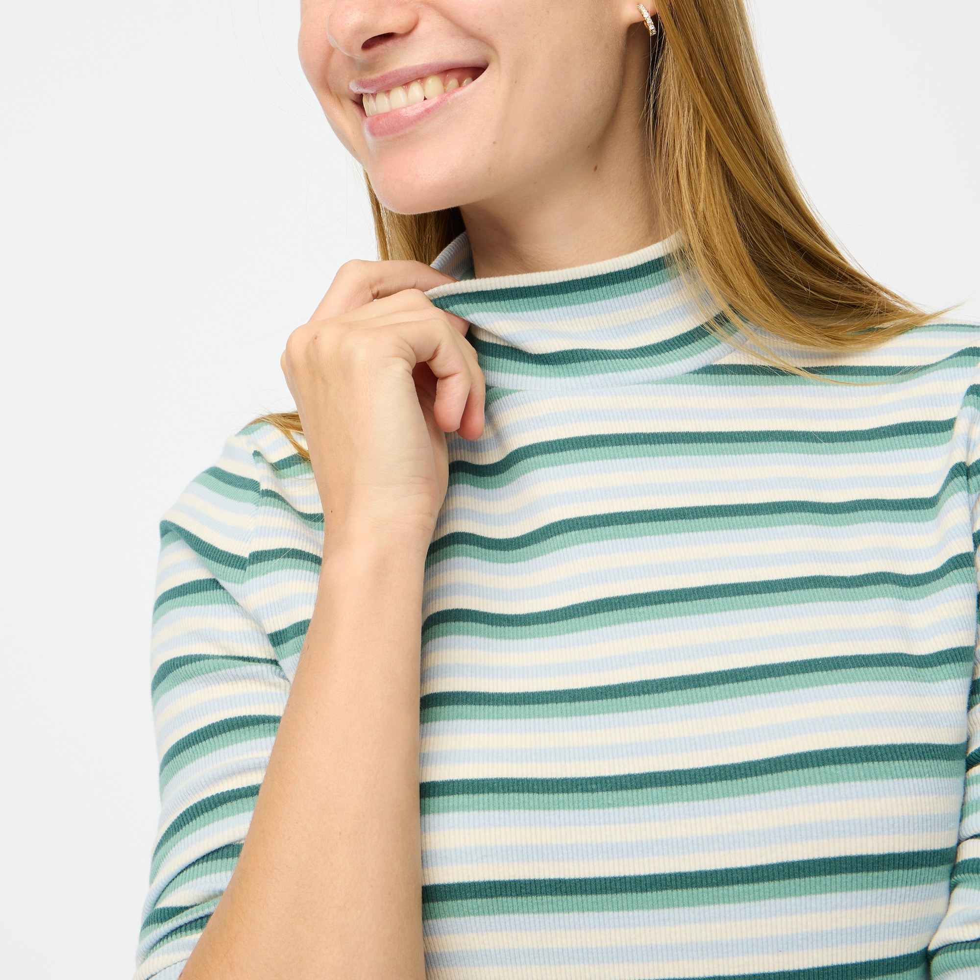 Striped ribbed-knit mockneck top