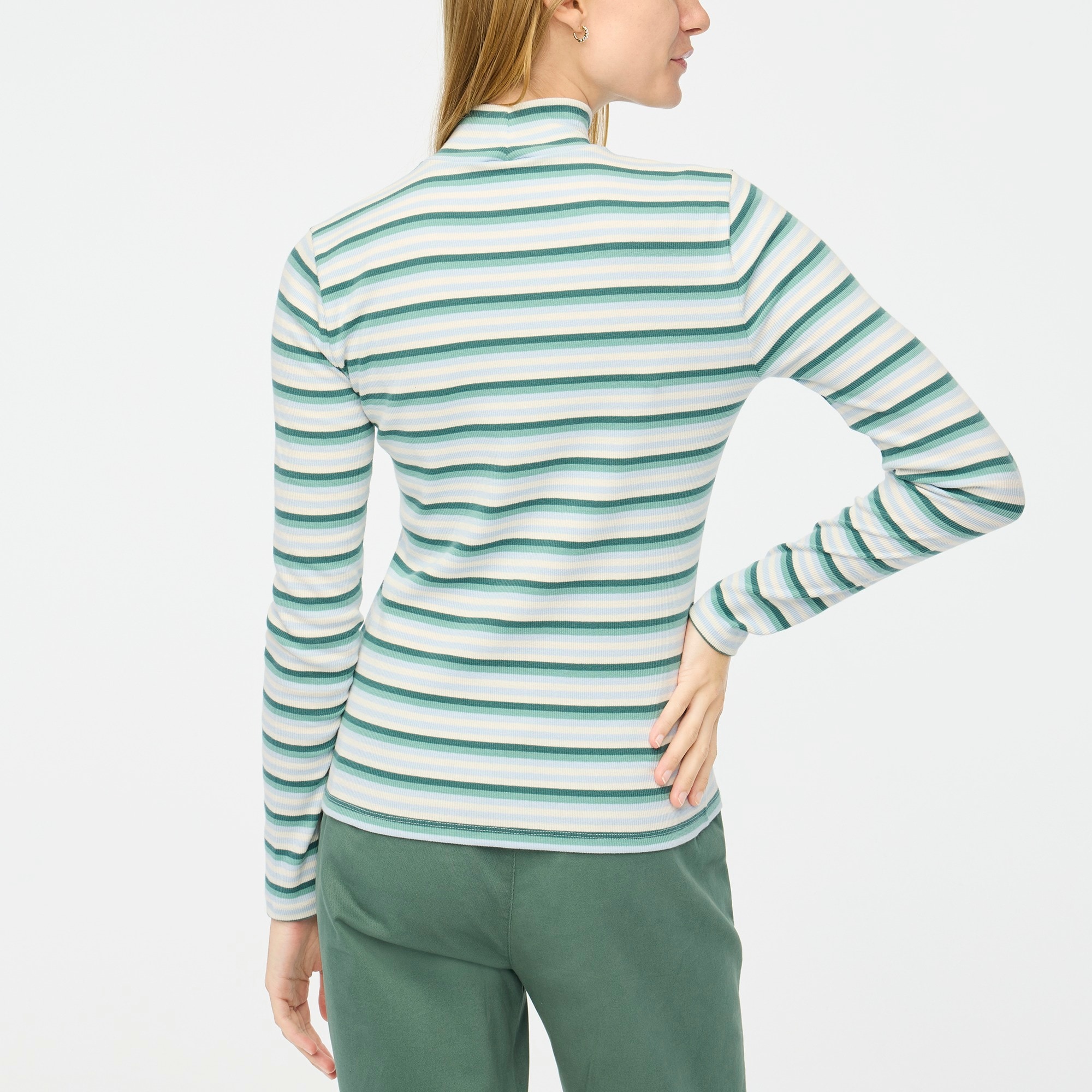 Striped ribbed-knit mockneck top