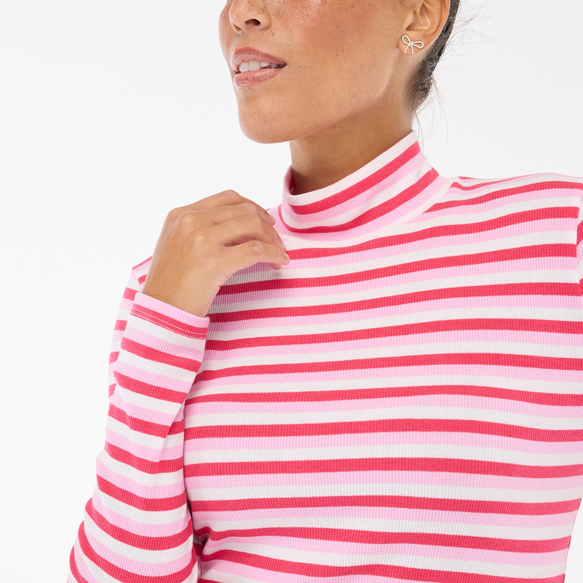 Striped ribbed-knit mockneck top