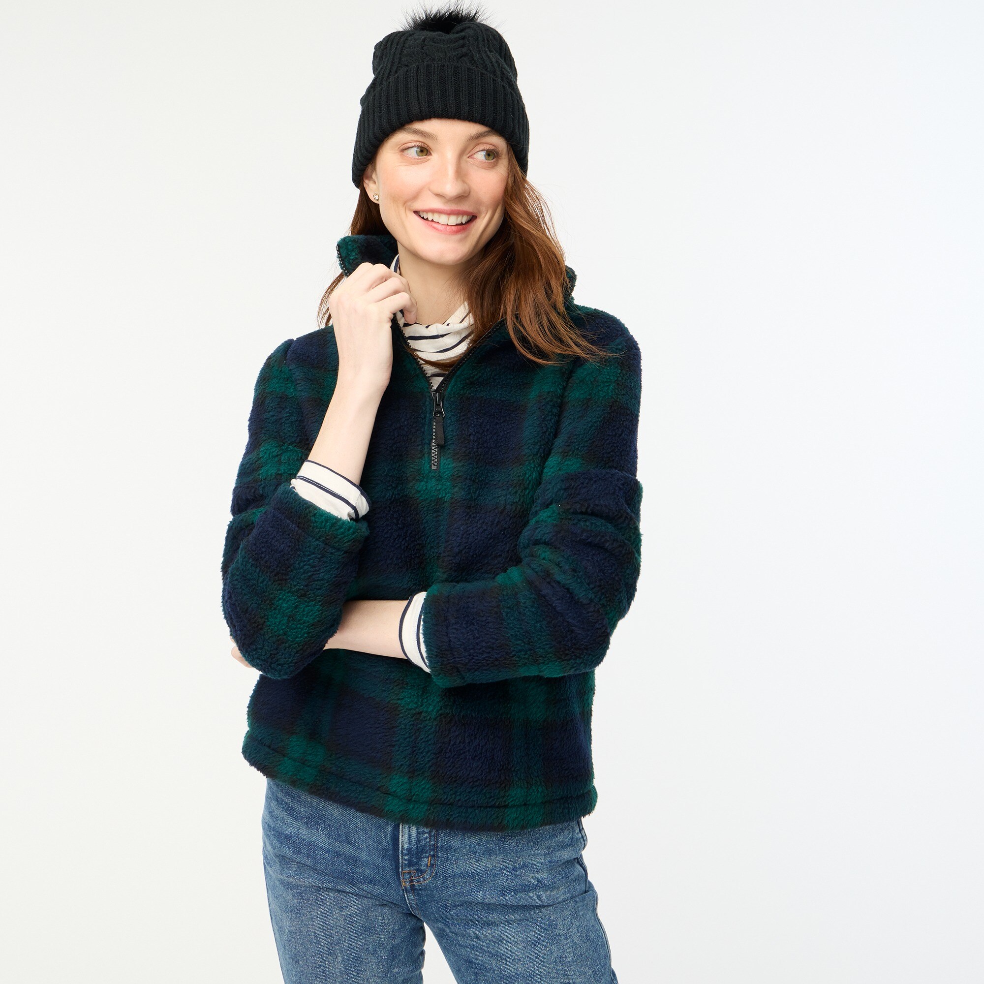 factory: black watch plaid sherpa half-zip pullover for women