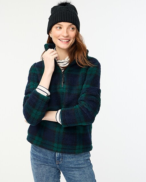 womens Black Watch plaid sherpa half-zip pullover