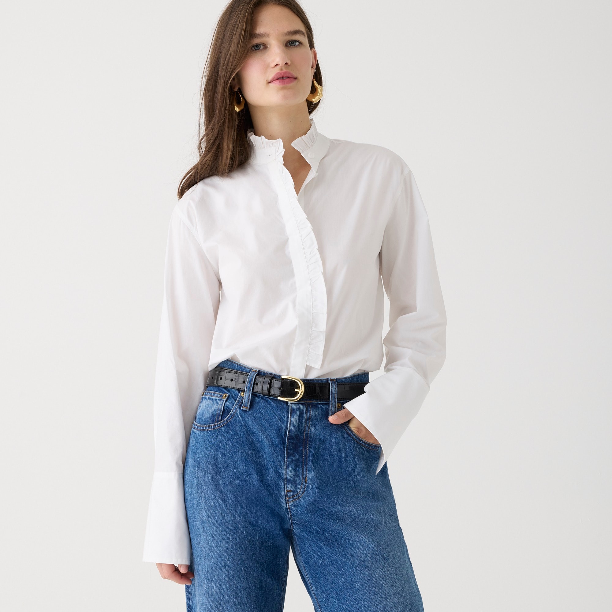 womens Ruffle-trim gar&ccedil;on shirt in cotton poplin