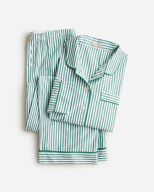  Long-sleeve cropped pajama pant set in striped cotton poplin