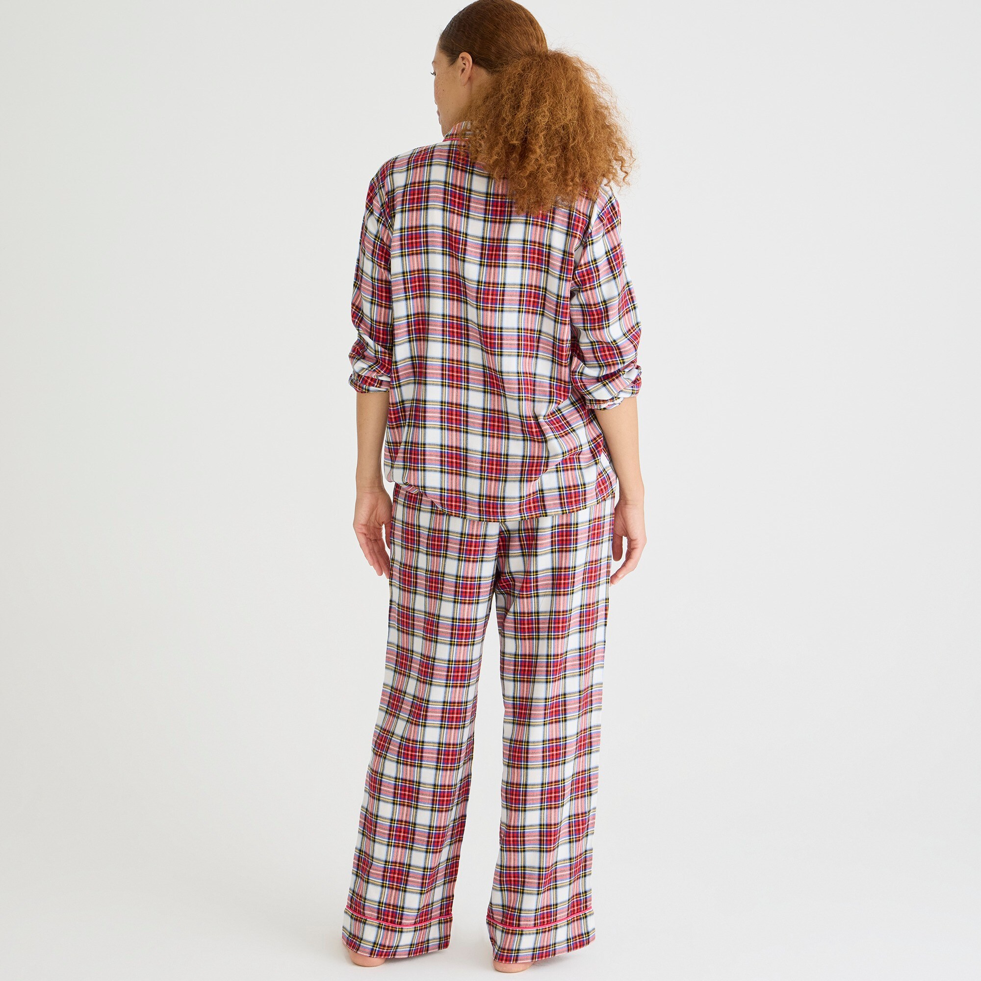 Flannel long-sleeve pajama pant set in white Stewart tartan