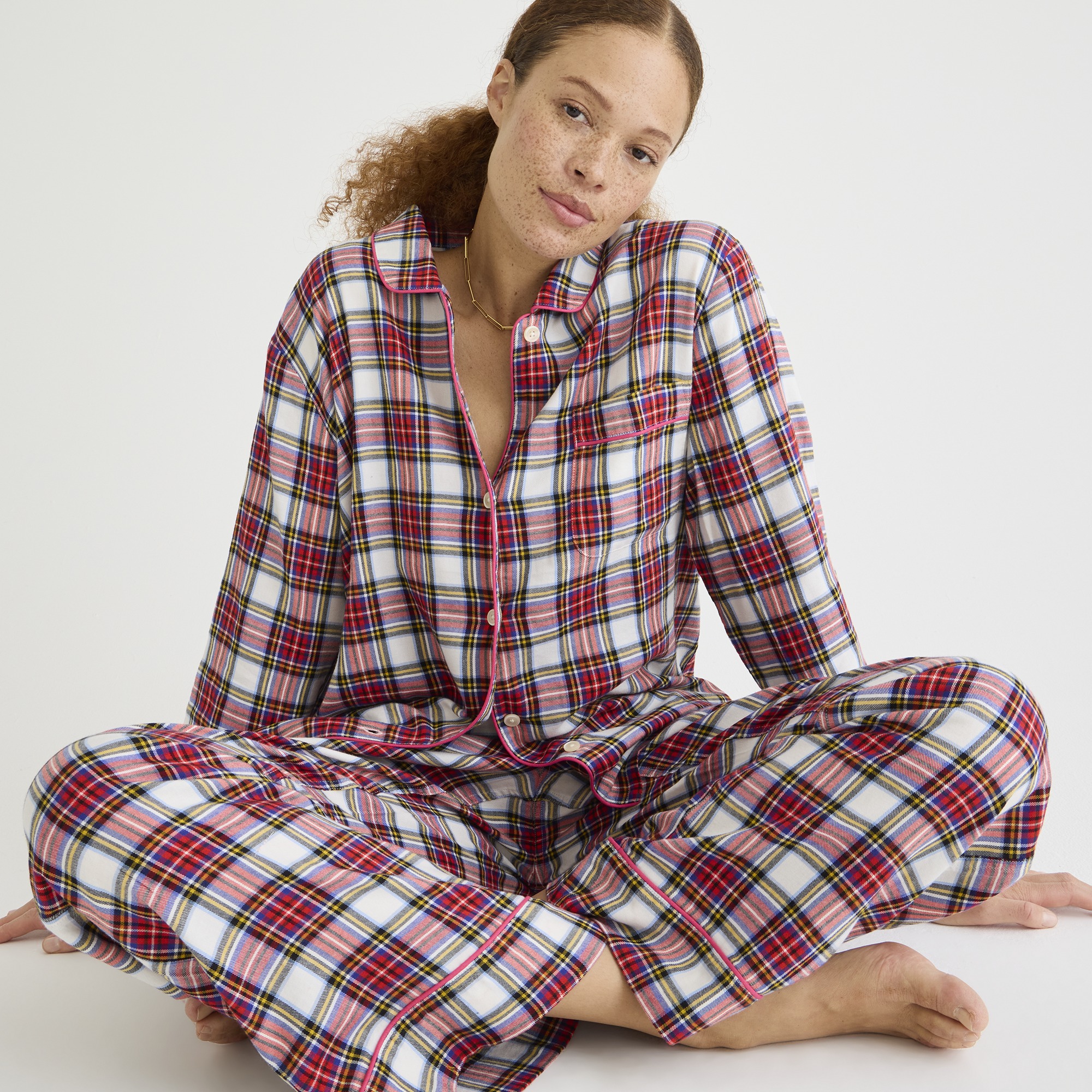 j.crew: flannel long-sleeve pajama pant set in white stewart tartan for women