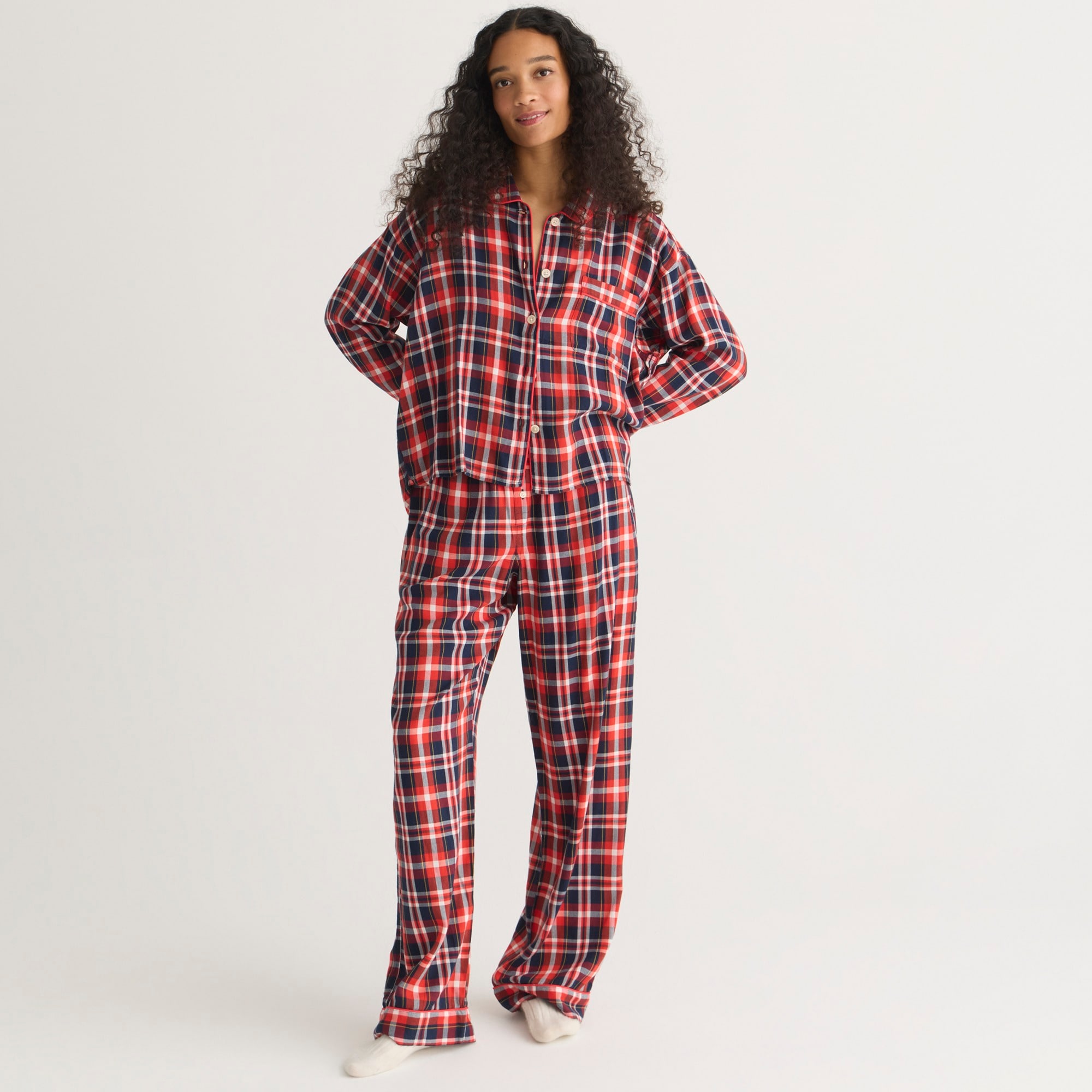 womens Flannel long-sleeve cropped pajama pant set in plaid