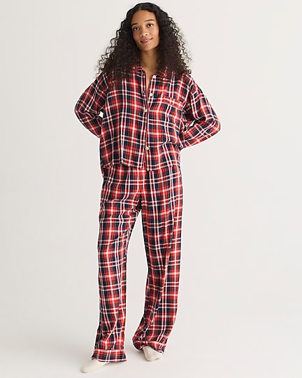 j.crew: flannel long-sleeve cropped pajama pant set in plaid for women