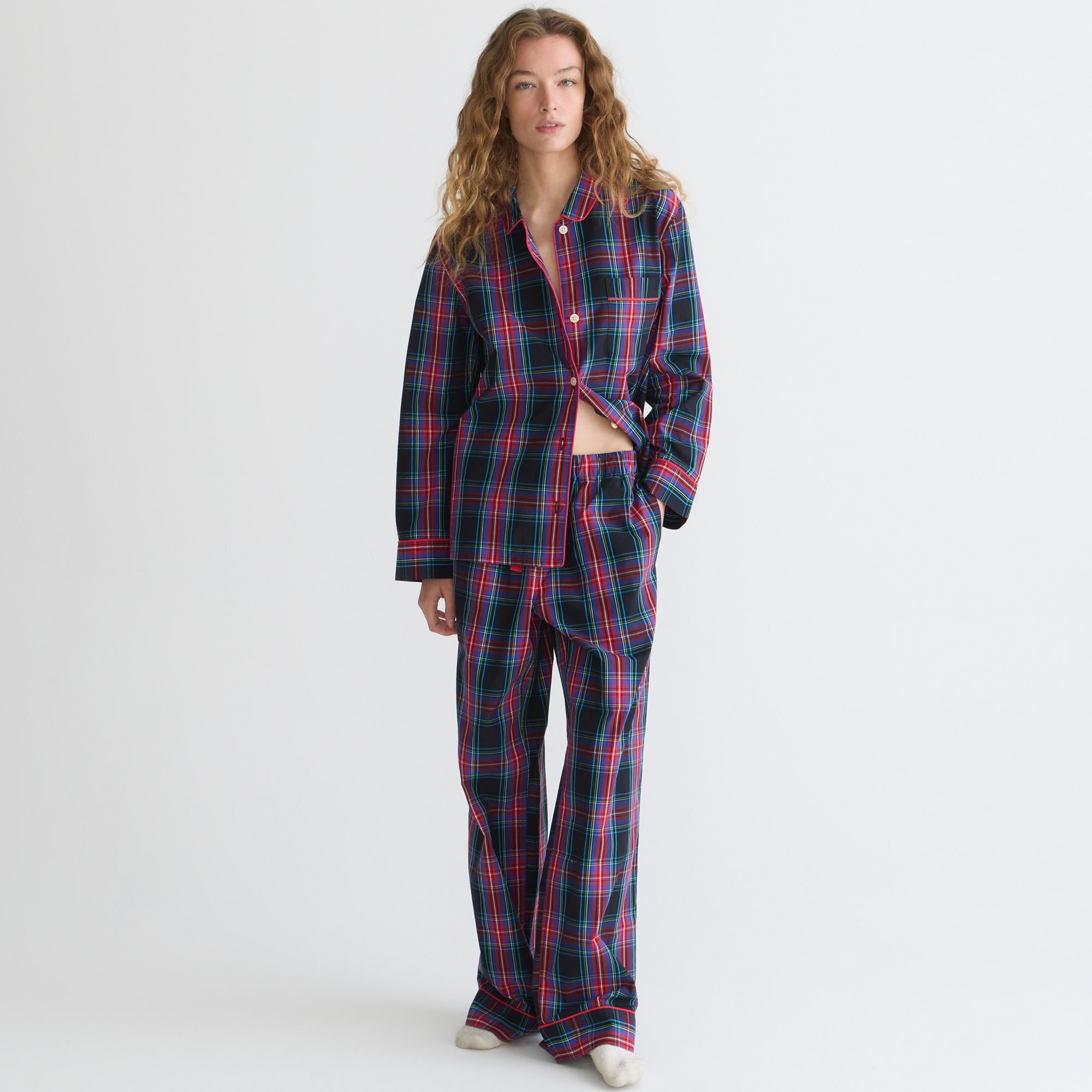 j.crew: long-sleeve cotton poplin pajama set in black stewart tartan for women