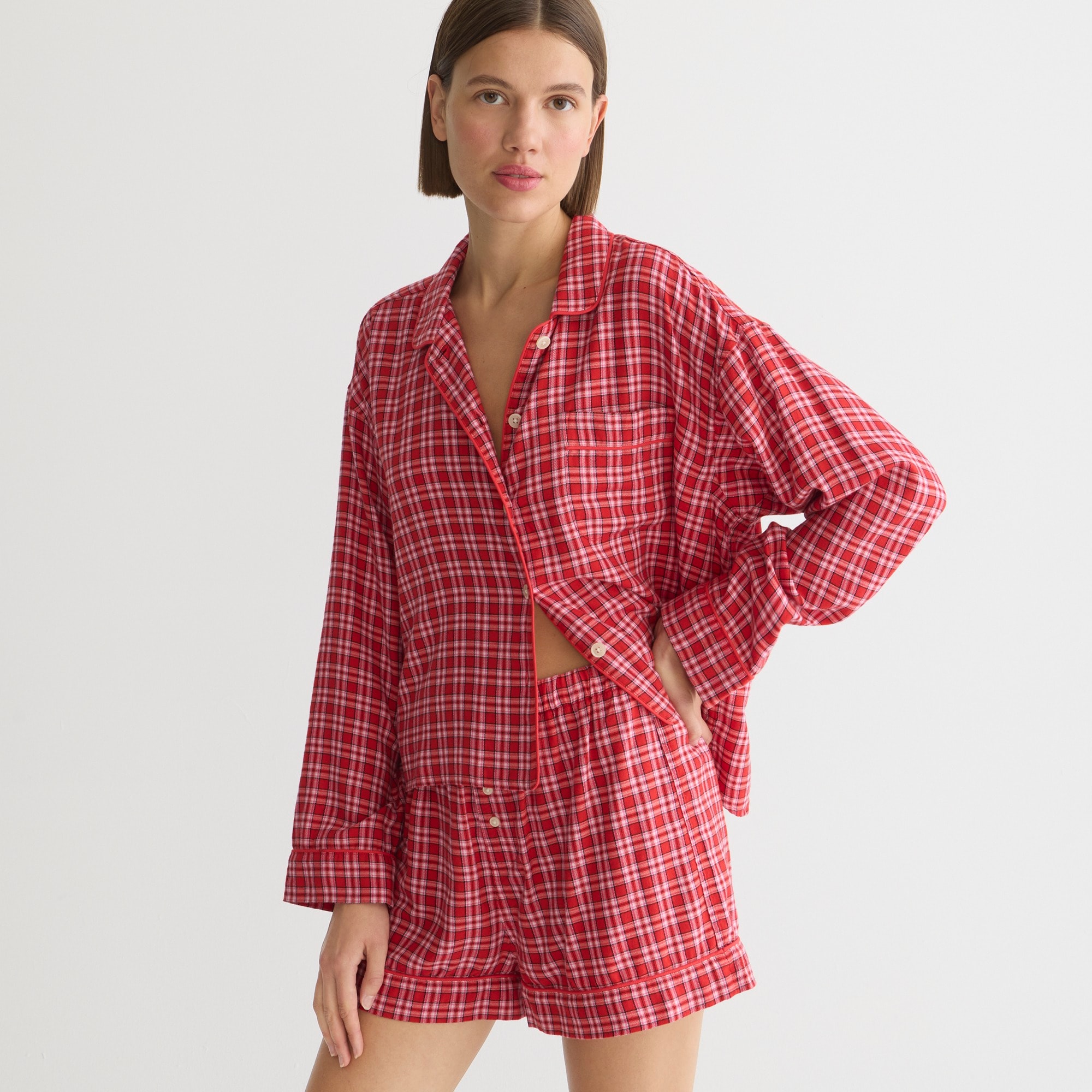 j.crew: long-sleeve pajama short set in tartan flannel for women