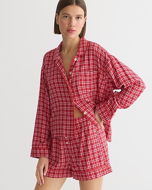 womens Long-sleeve pajama short set in tartan flannel