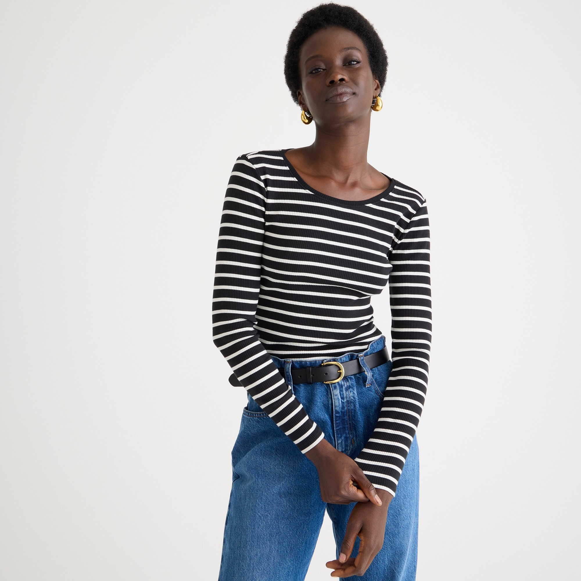 womens Long-sleeve crewneck T-shirt in striped vintage rib