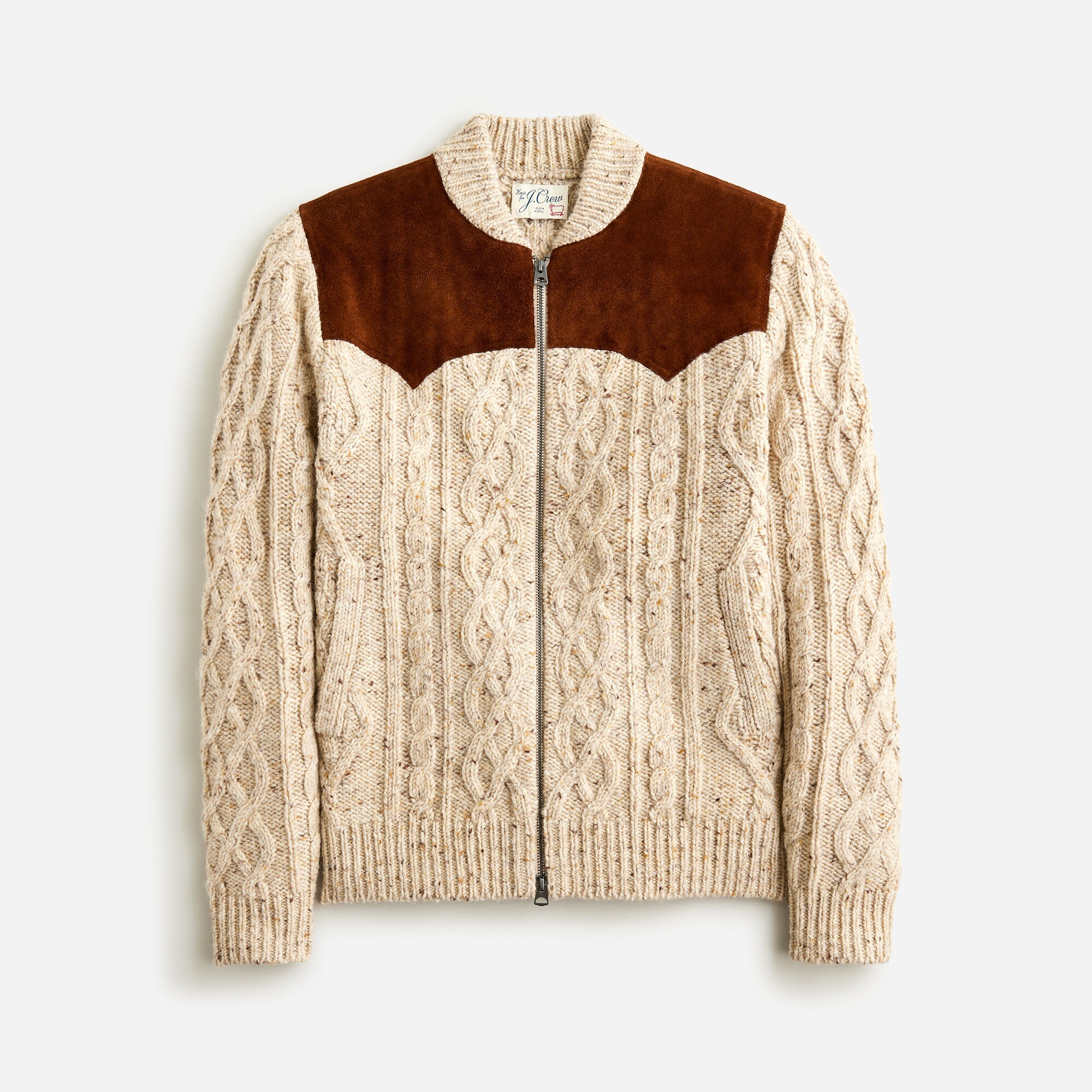 Donegal Wool Cable-knit Zip-up Sweater With Italian Suede For Men