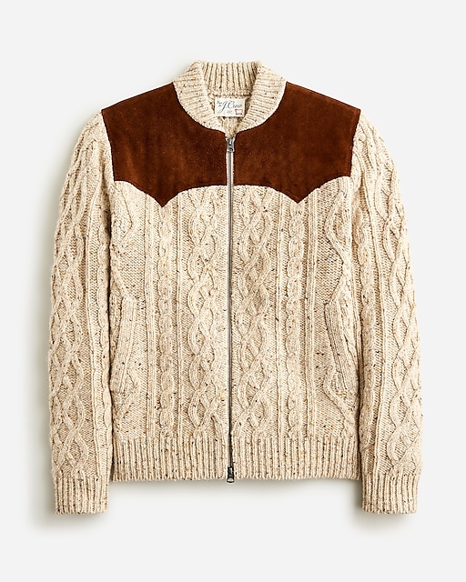  Donegal wool cable-knit zip-up sweater with Italian suede
