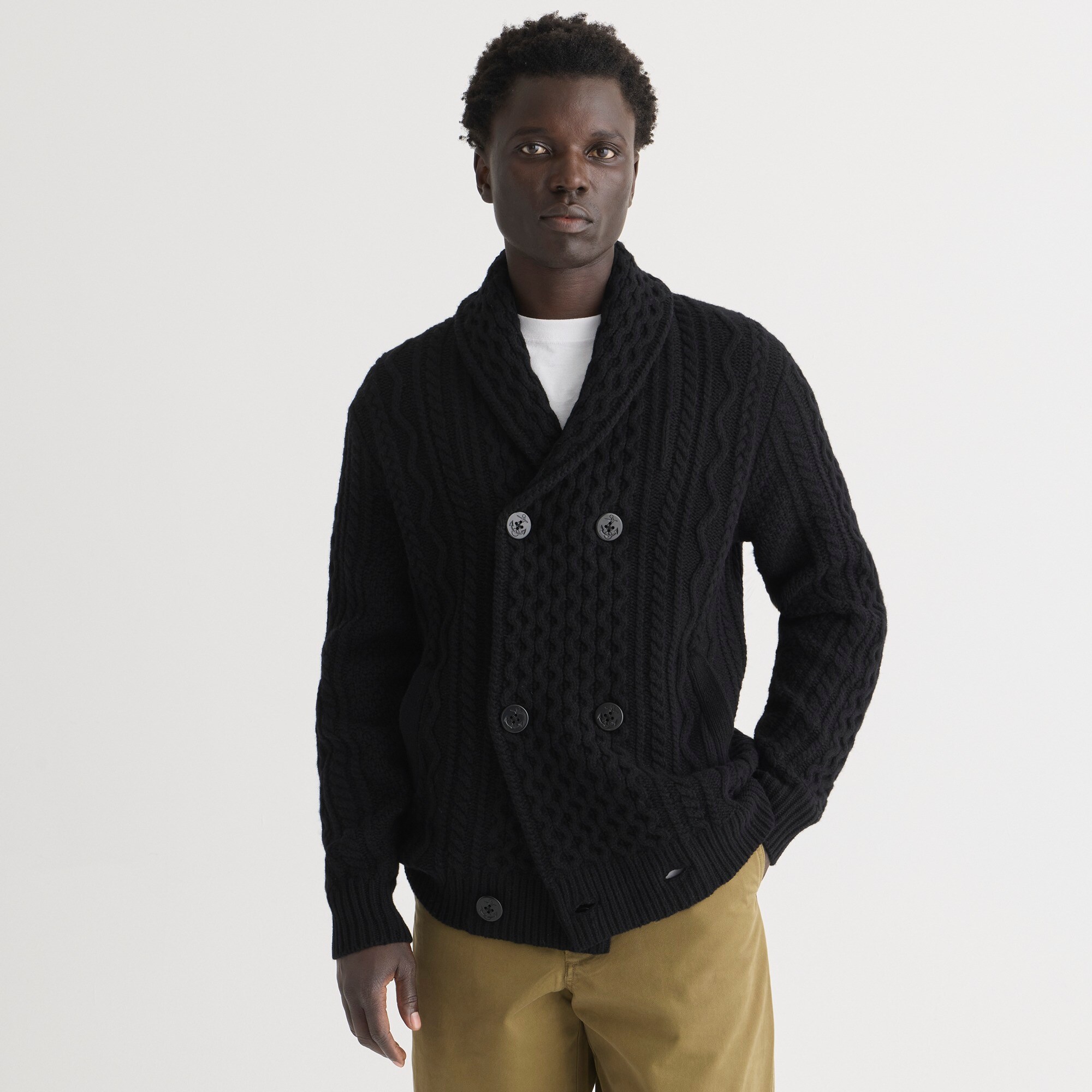 mens shawl collar cable knit cardigan sweater
