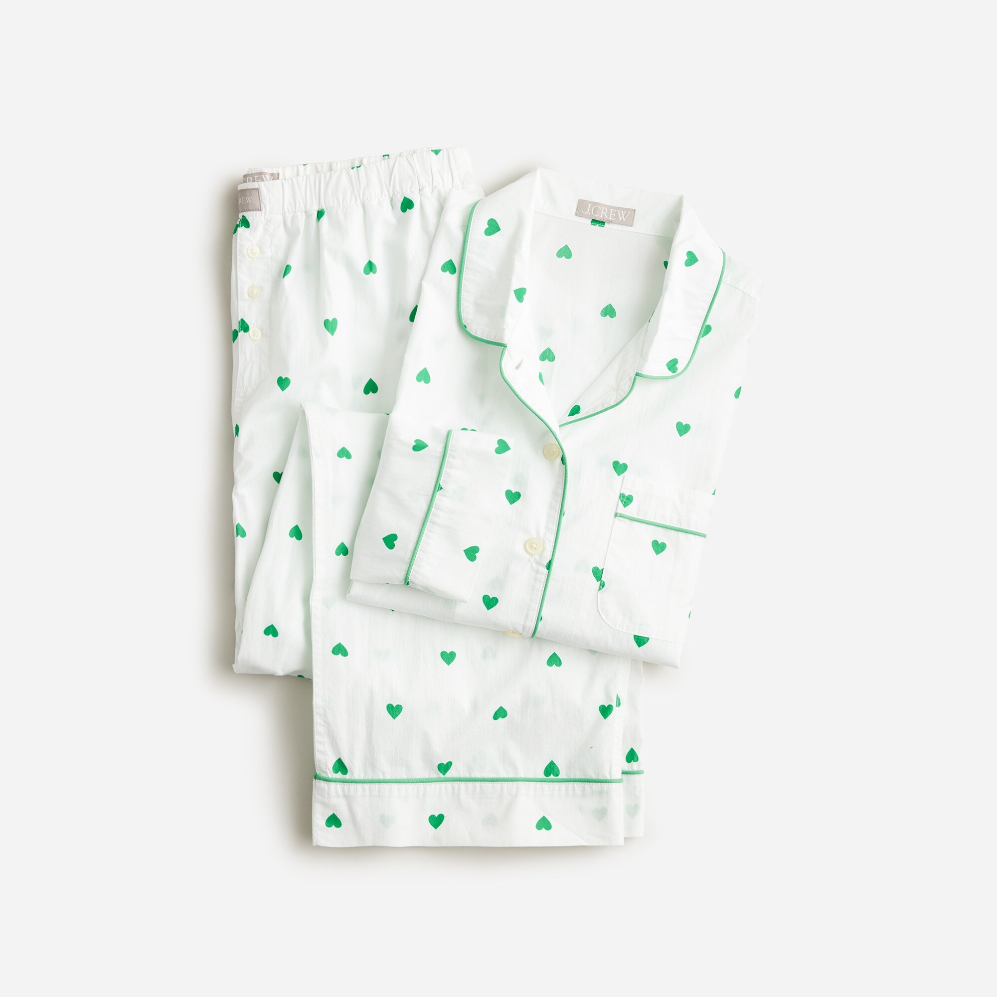Long-sleeve cropped cotton poplin pajama pant set in green heart print