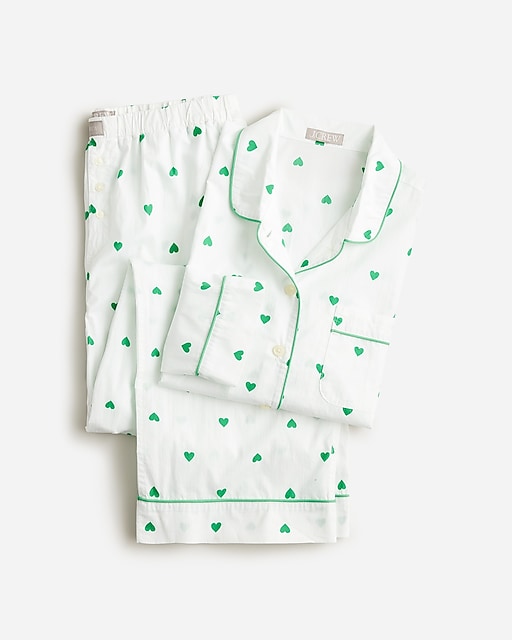 womens Long-sleeve cropped cotton poplin pajama pant set in green heart print