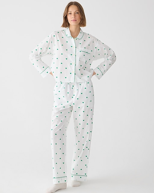 womens Long-sleeve cropped cotton poplin pajama pant set in green heart print