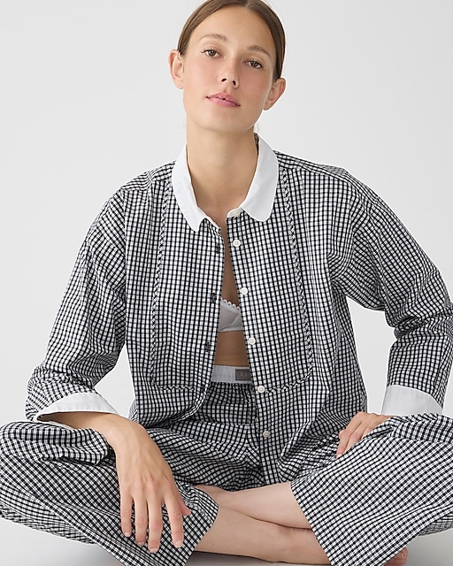 womens Cotton poplin bib shirt and pajama pant set in plaid