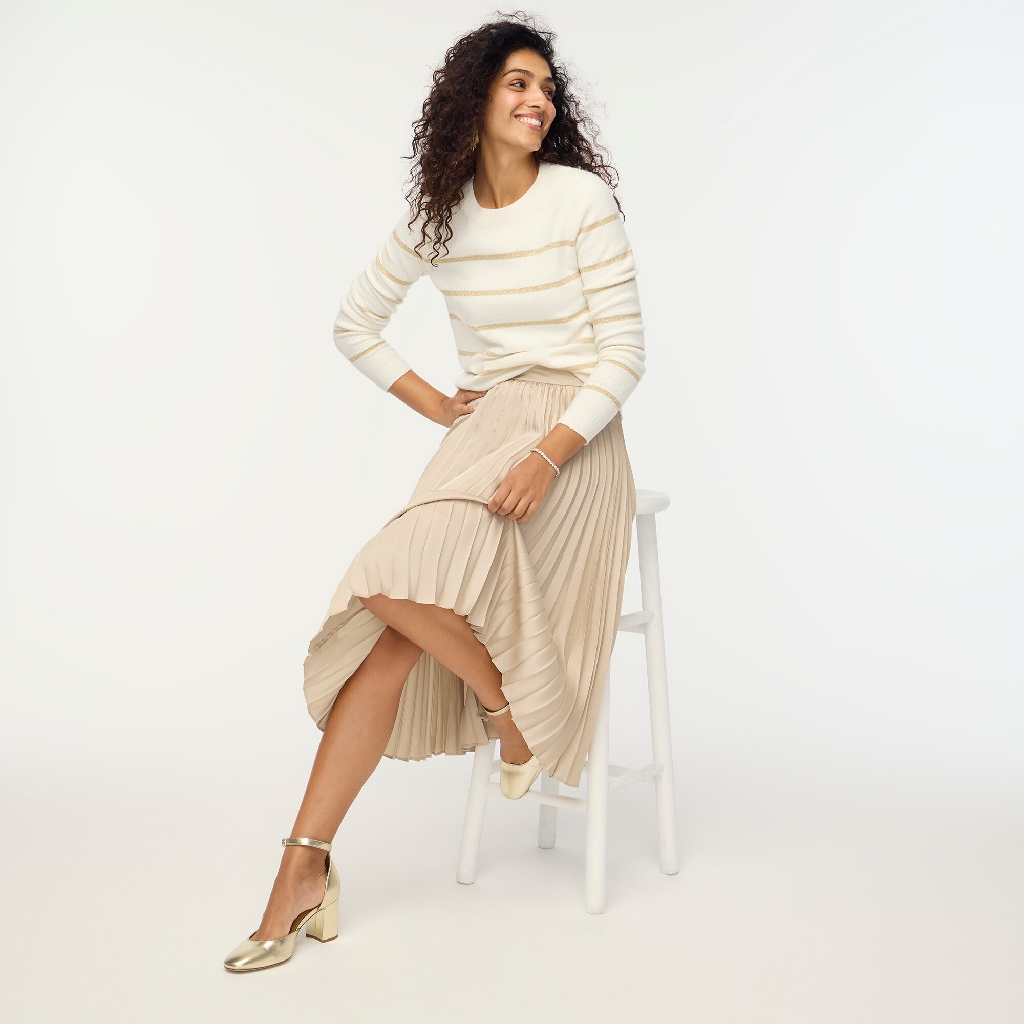 factory: shimmer striped crewneck in extra-soft yarn for women