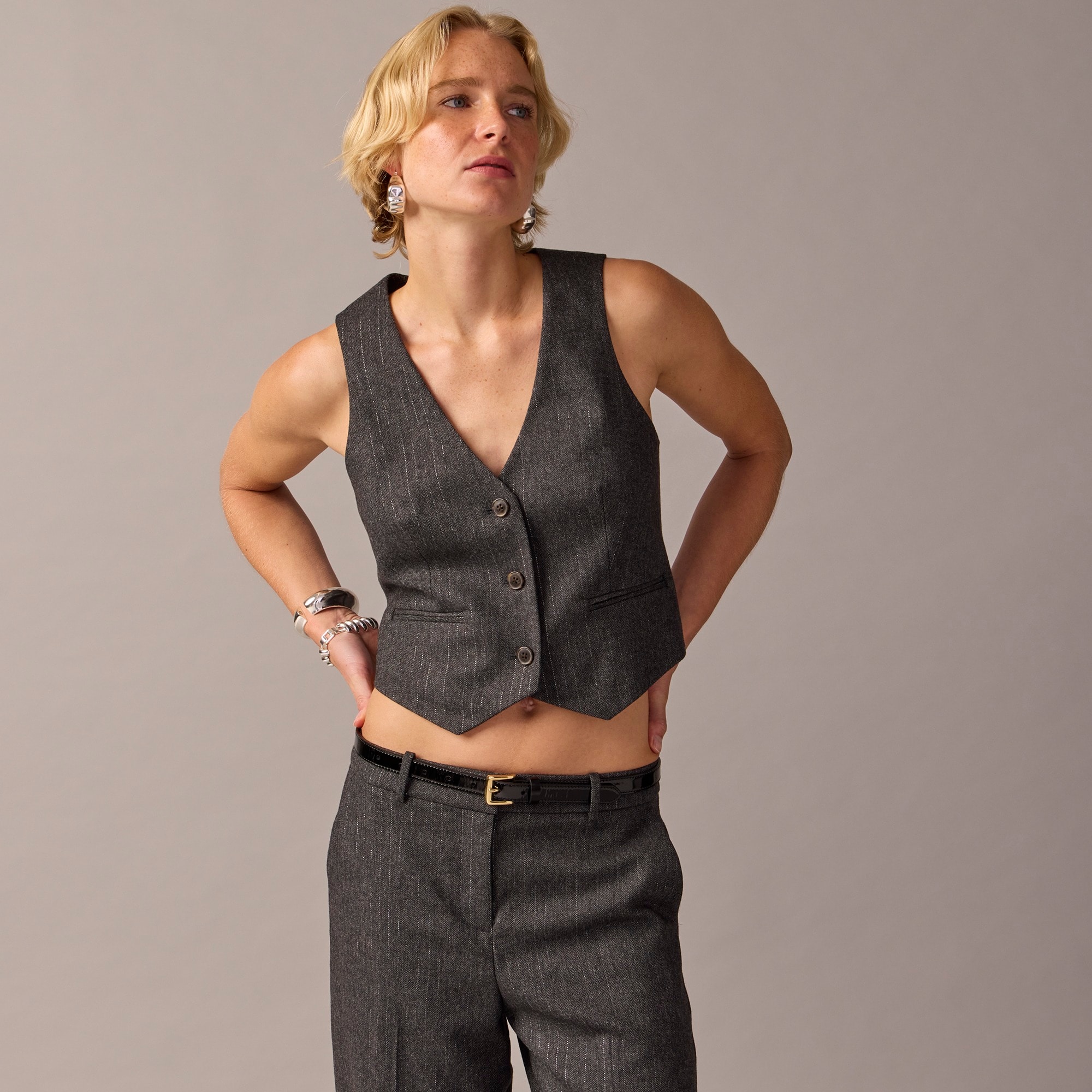  Collection cropped vest in Italian pinstripe wool blend with Lurex&reg; metallic threads
