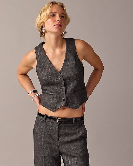 womens Collection cropped vest in Italian pinstripe wool blend with Lurex&reg; metallic threads