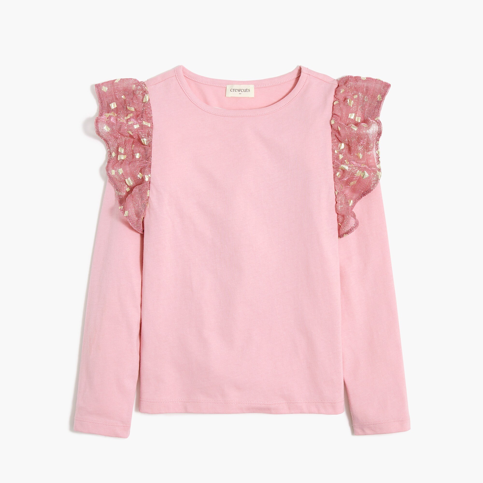 Girls' mixed-media ruffle-sleeve top