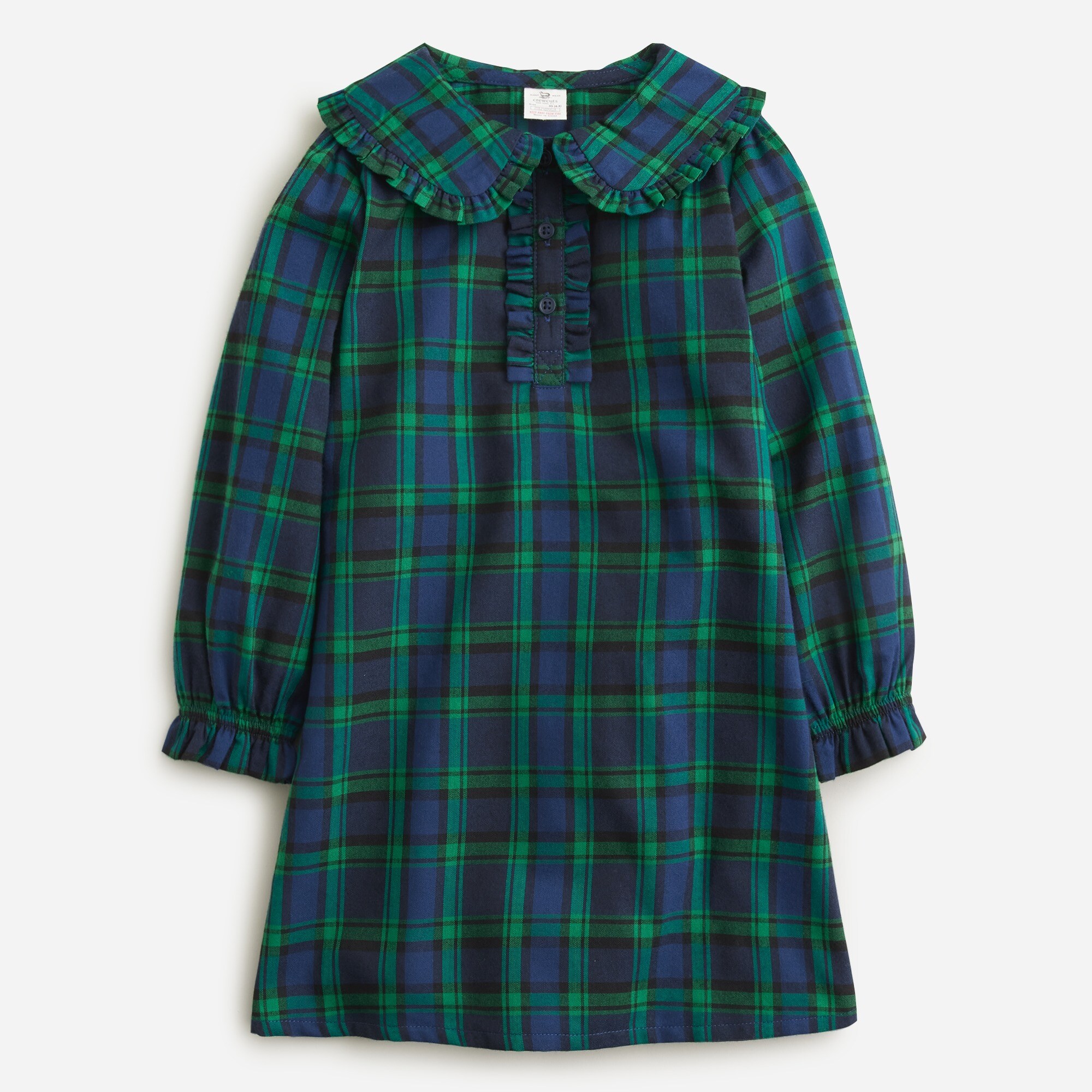 Girls' long-sleeve flannel nightgown in Black Watch tartan
