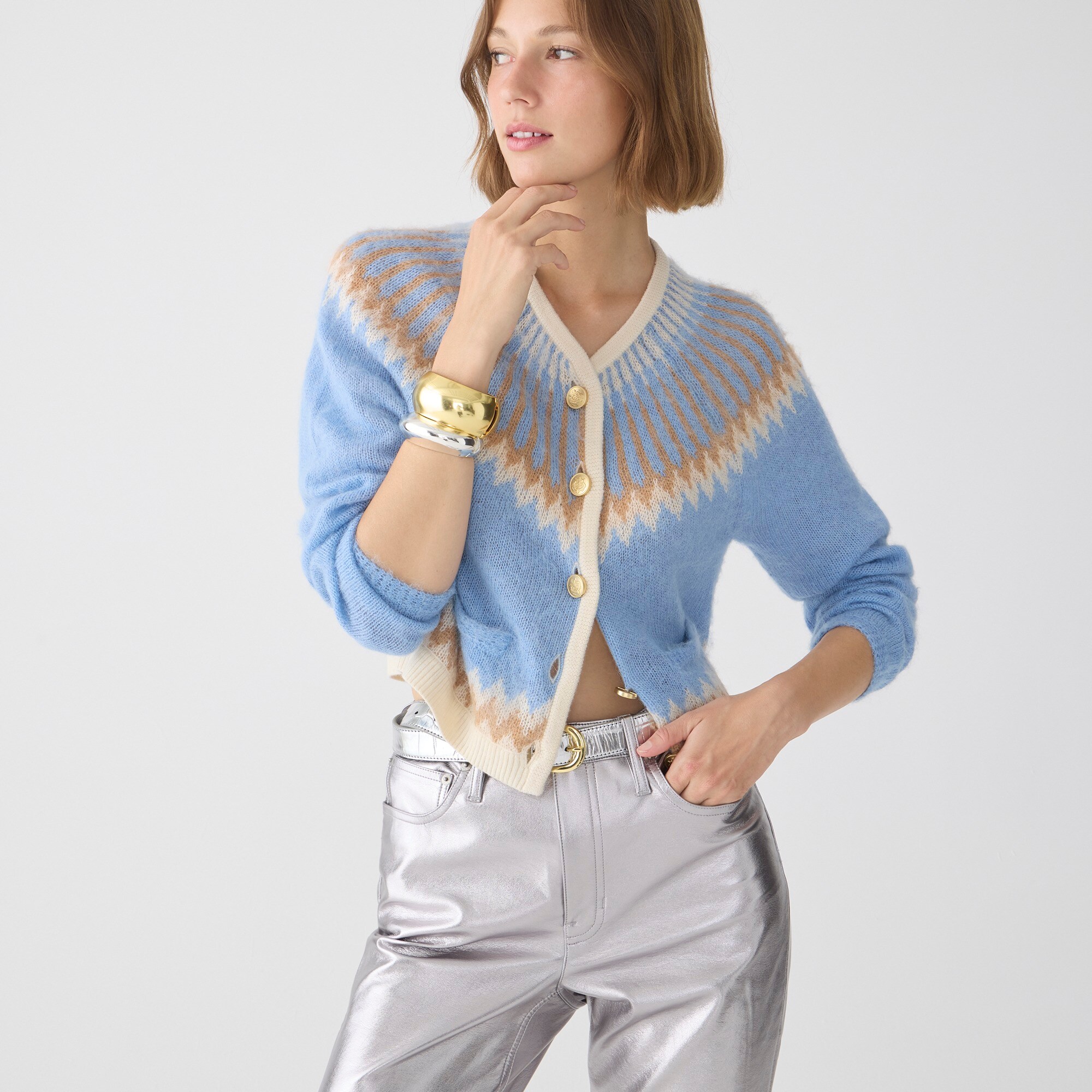 Fair Isle cardigan sweater in brushed yarn