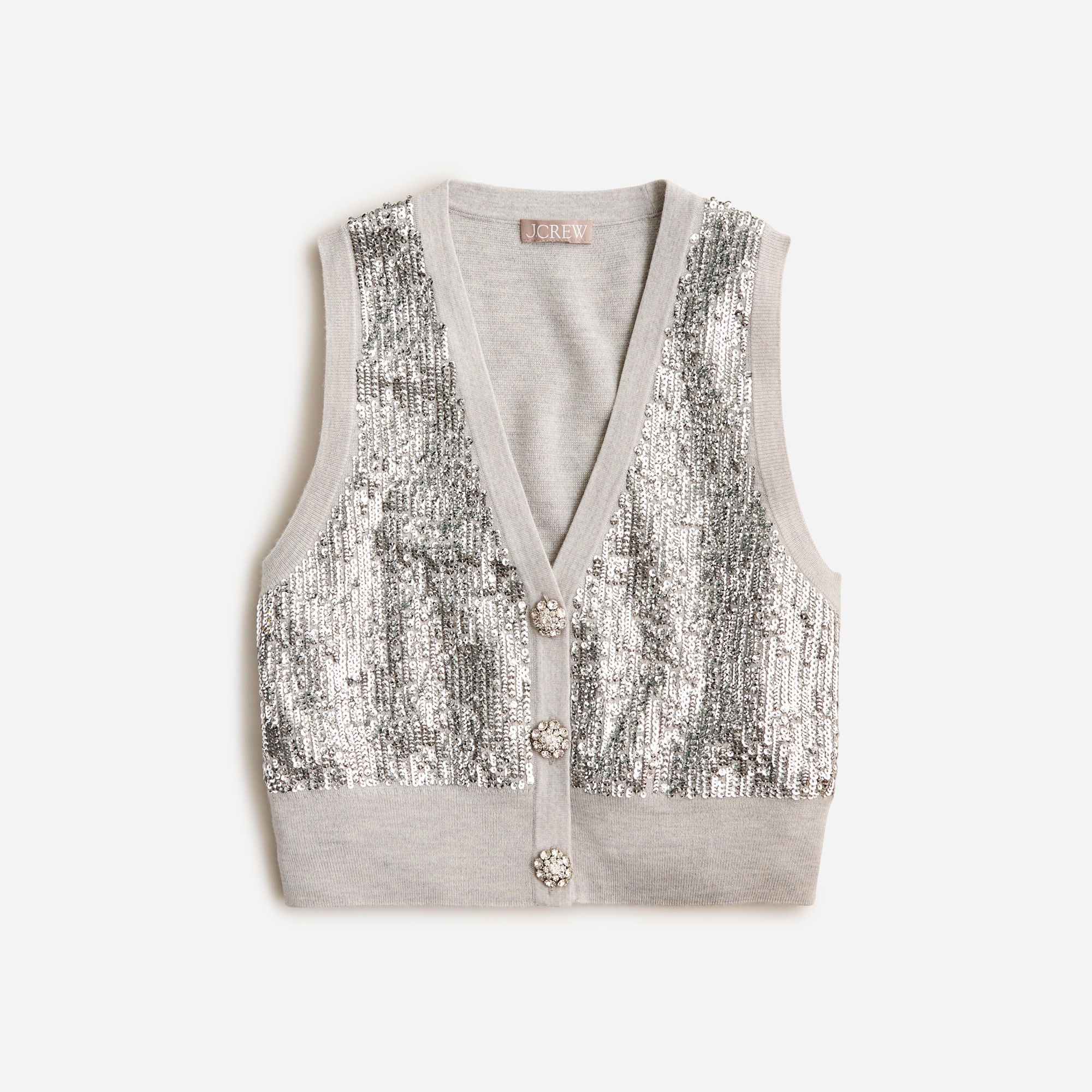 High Neck Sequined Knit Vest W/zip