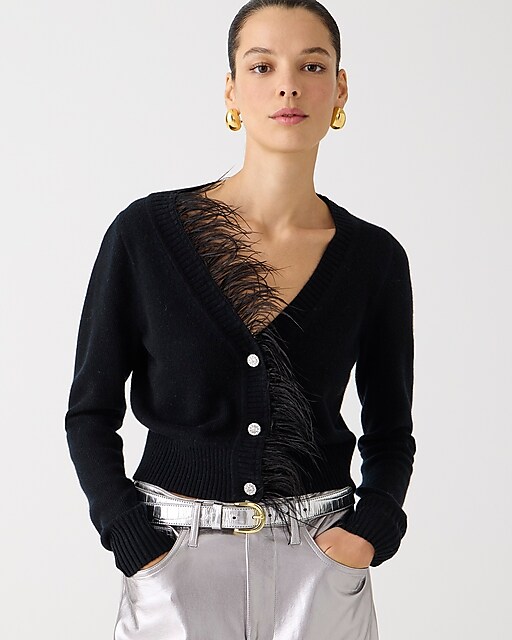  Feather-trim cropped cardigan sweater with jewel buttons
