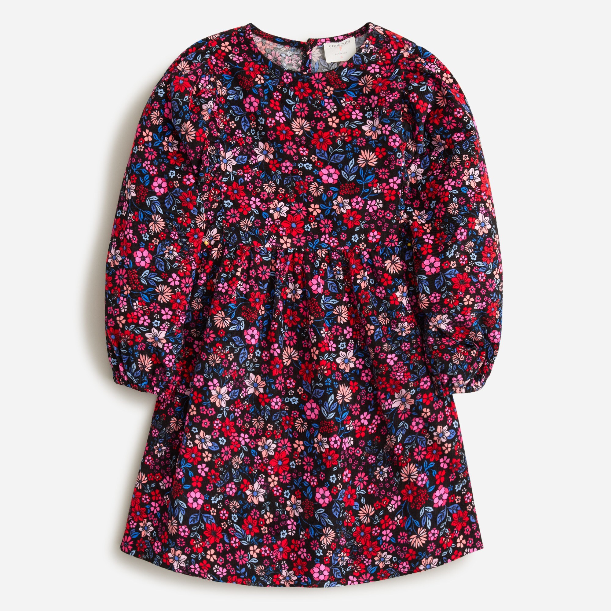  Girls' puff-sleeve dress in floral corduroy