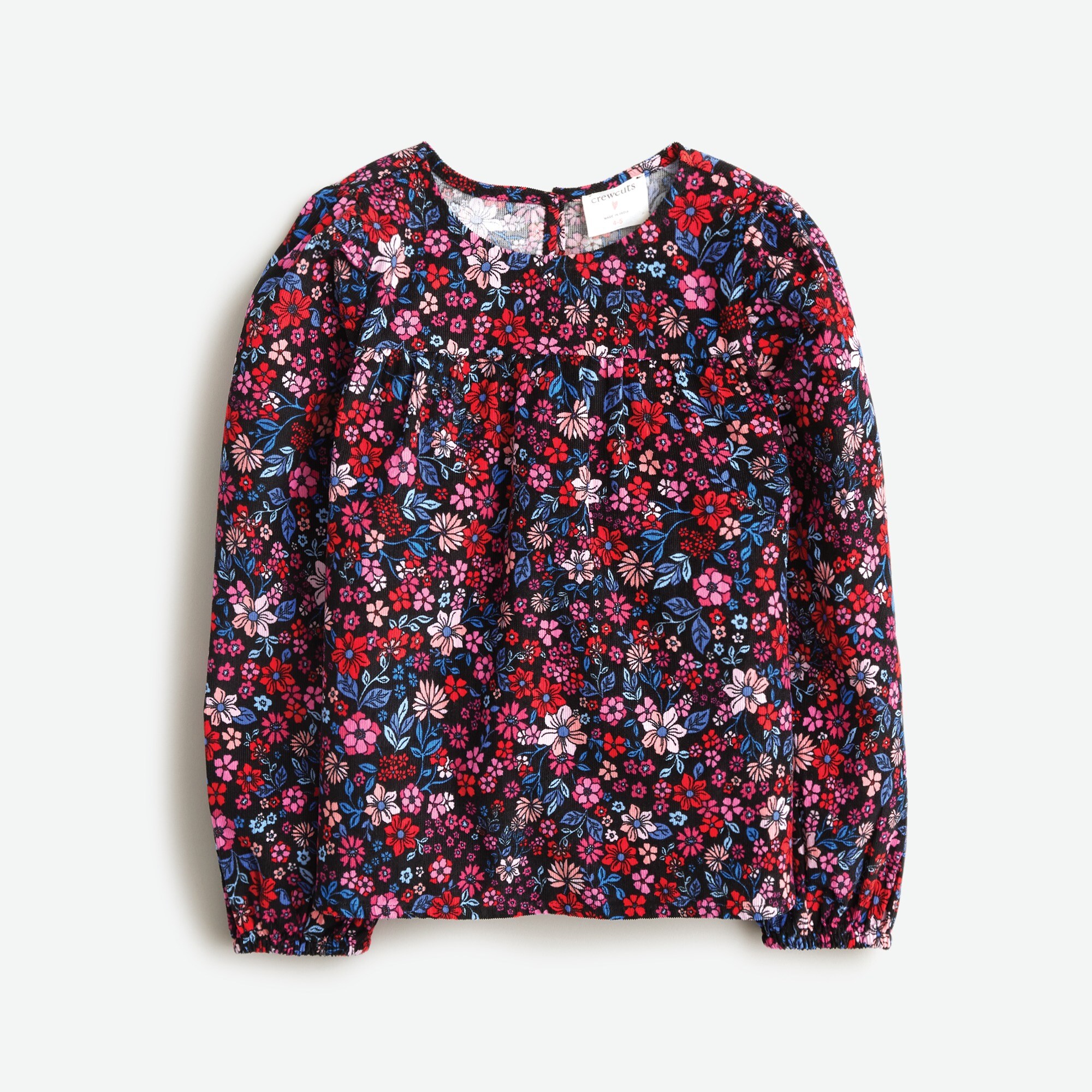  Girls' puff-sleeve pullover in floral corduroy
