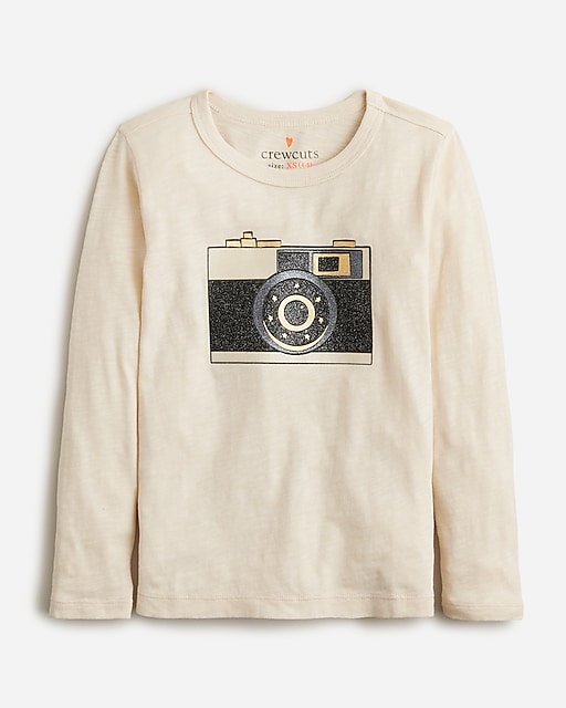  Girls' long-sleeve sparkly camera graphic T-shirt