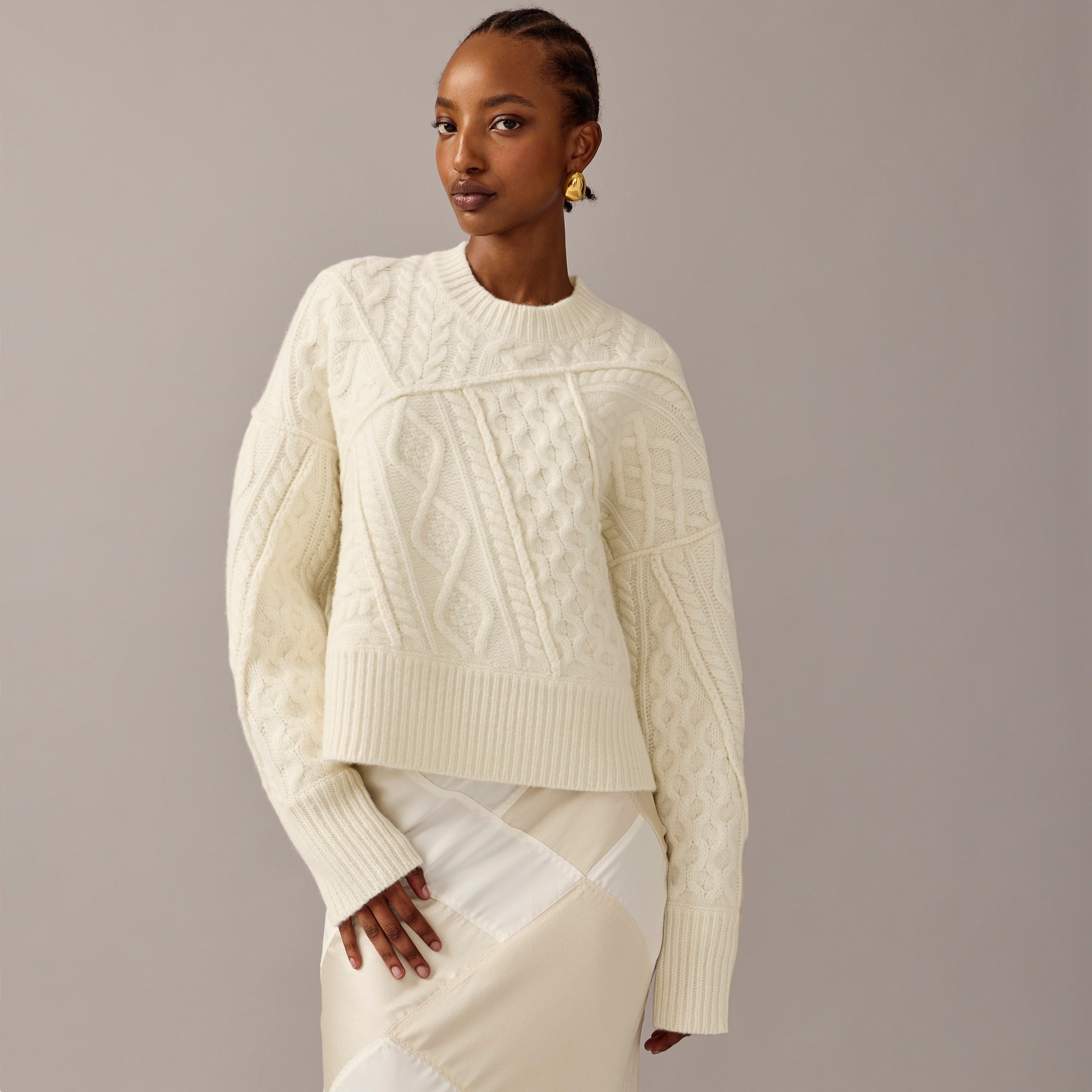 j.crew: limited-edition anna october&copy; x j.crew patchwork cable-knit crewneck sweater for women