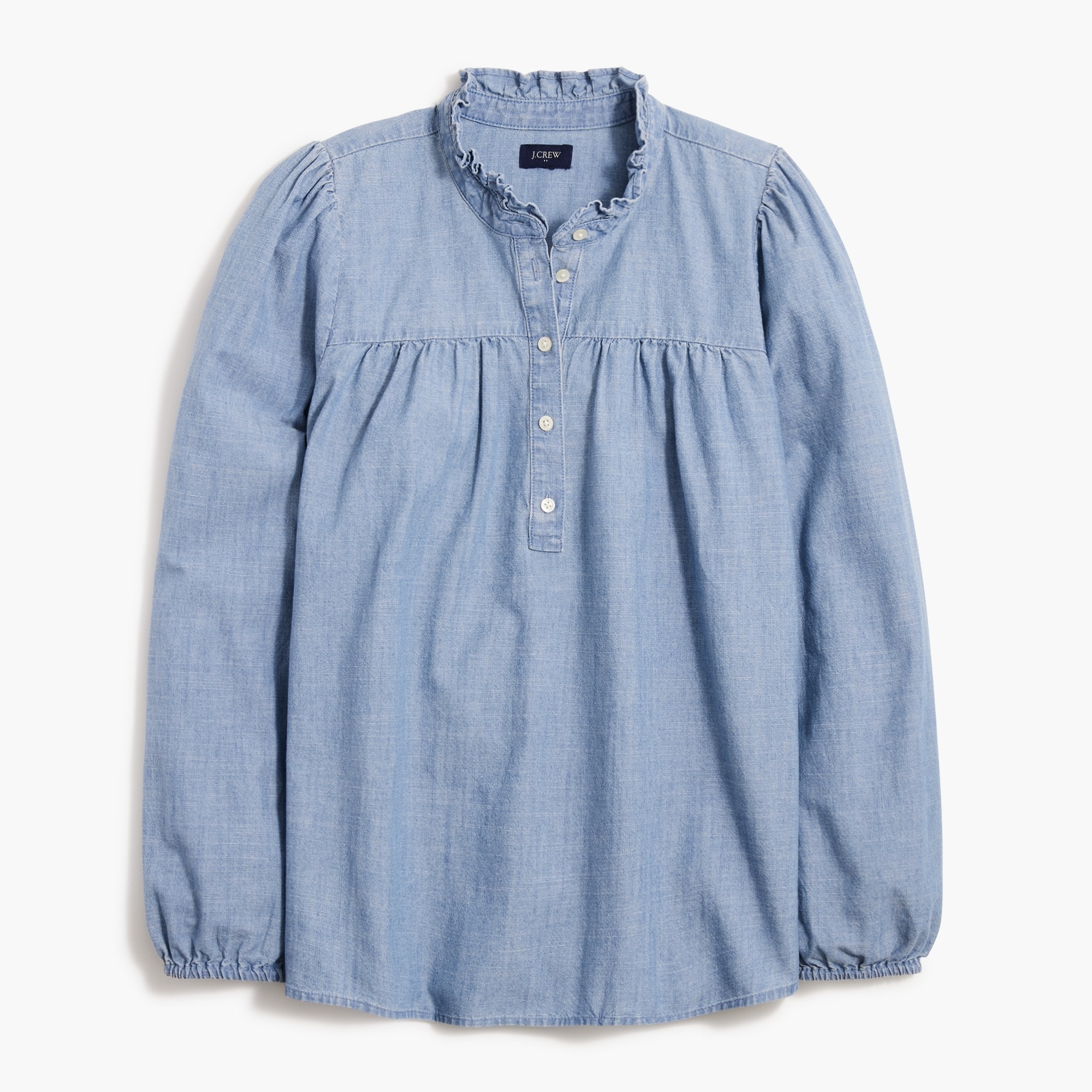 chambray ruffleneck top for women