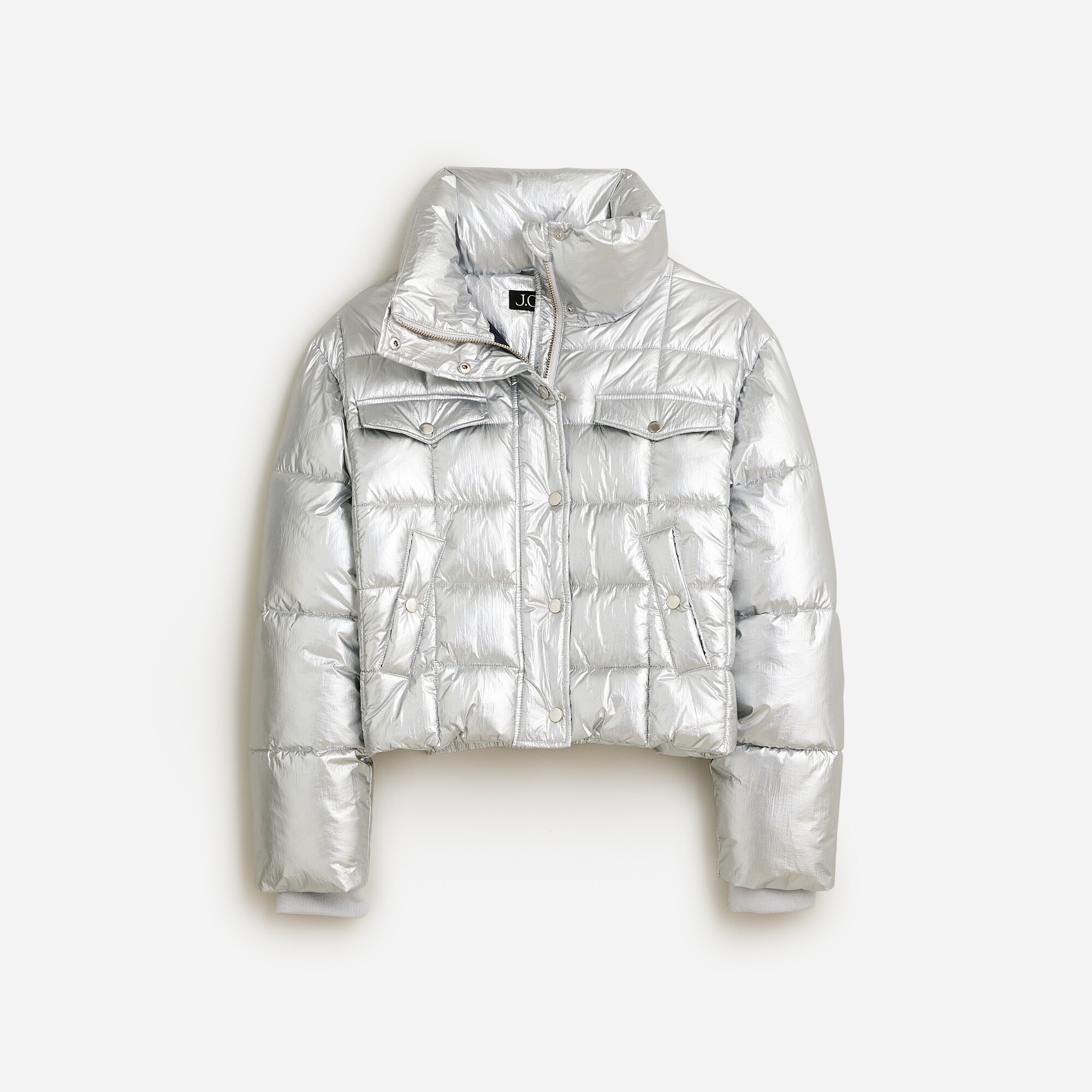 Cropped puffer jacket in metallic silver with PrimaLoft®