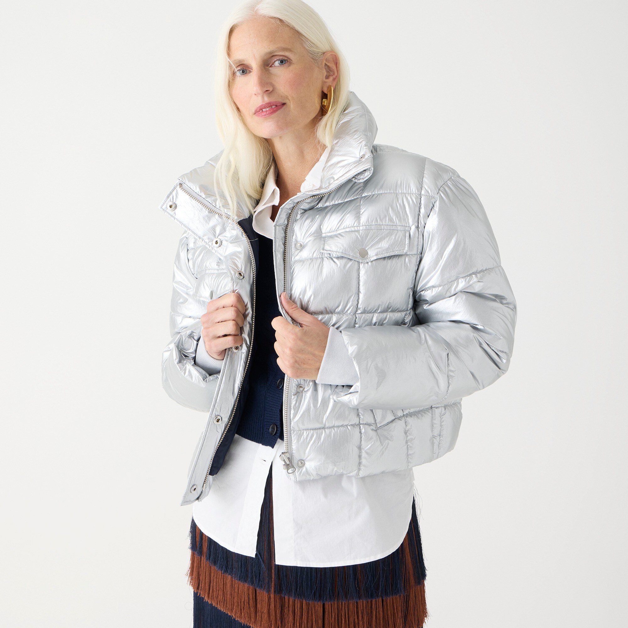 womens Cropped puffer jacket in metallic silver with PrimaLoft&reg;
