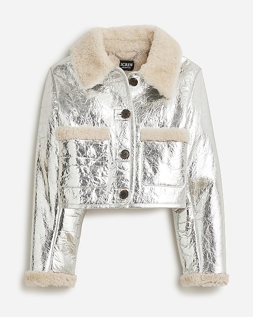 womens Collection limited-edition cropped shearling jacket in metallic leather
