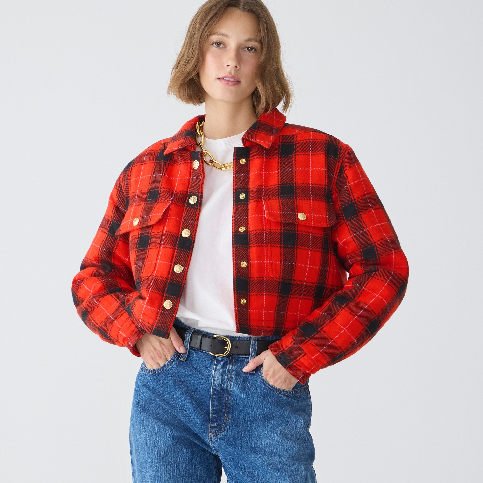 womens Cropped puffer jacket in buffalo check
