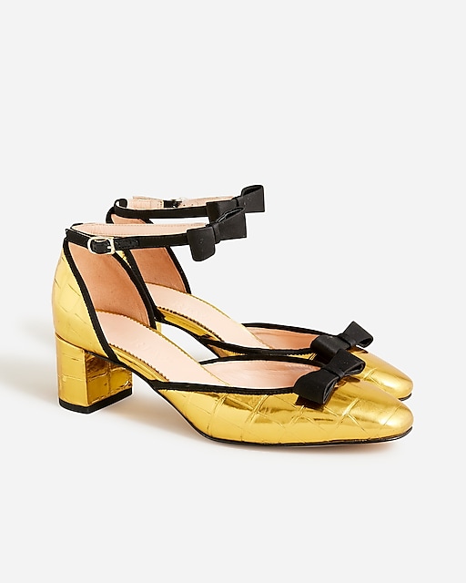  Millie bow ankle-strap heels in metallic croc-embossed leather