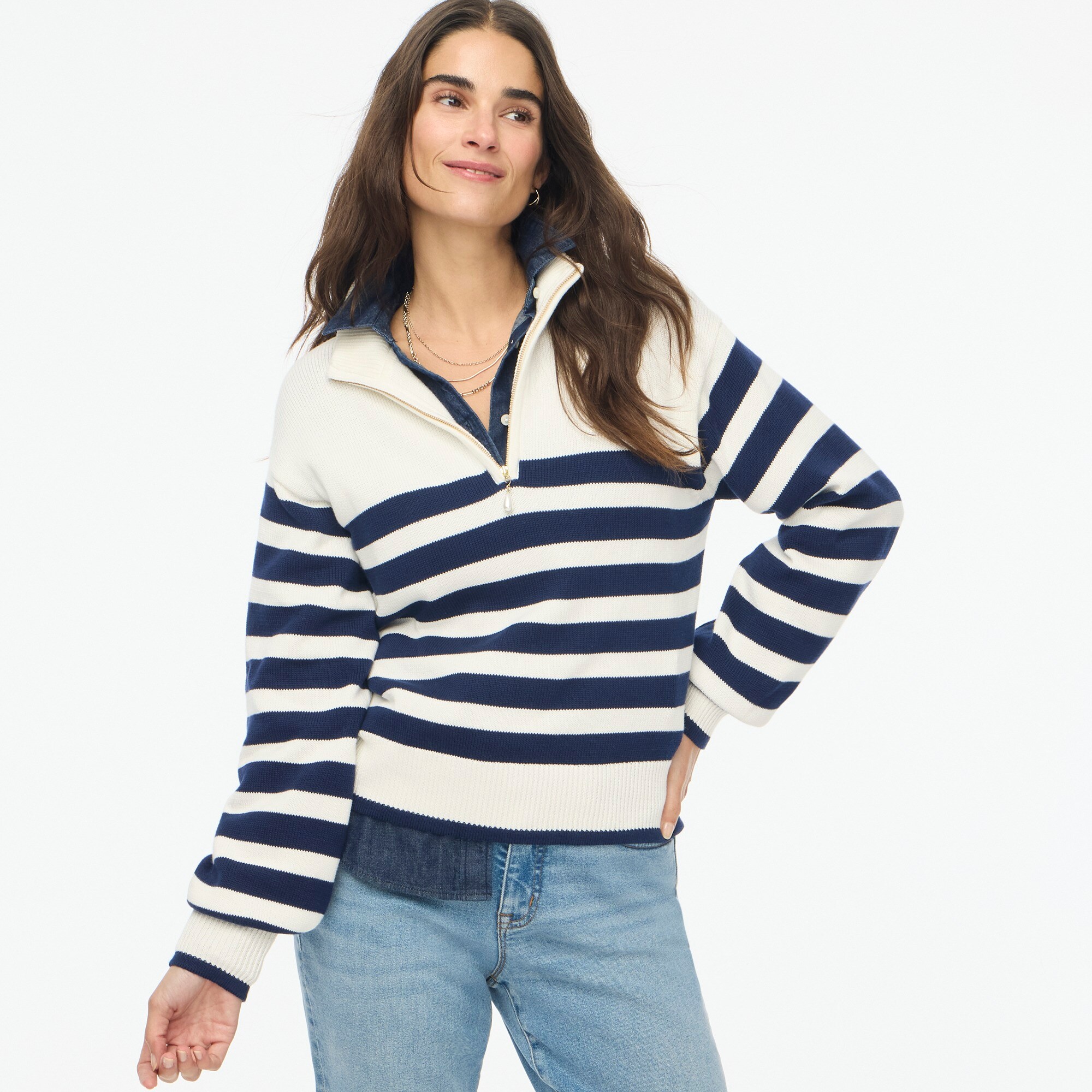 Factory: Striped Half-zip Sweater With Pearl Zipper For Women