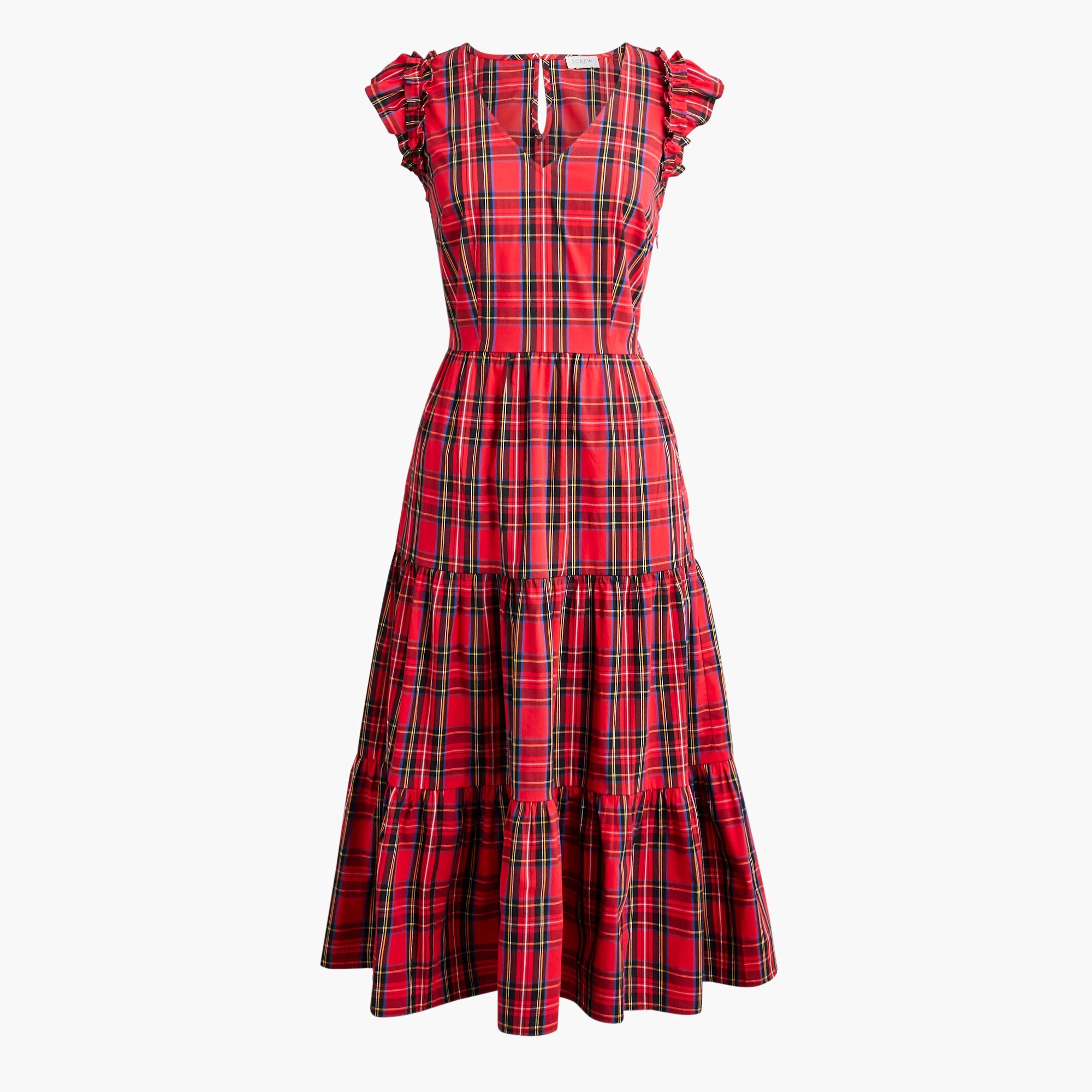 tartan flutter-sleeve midi dress for women