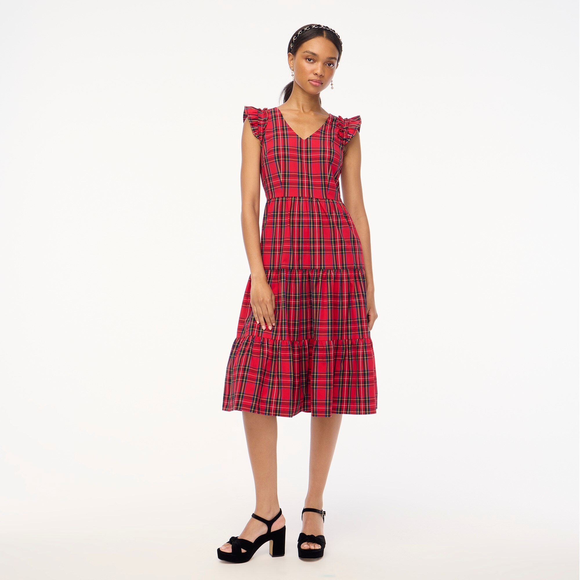  Tartan flutter-sleeve midi dress