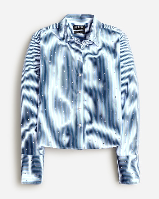  Cropped gar&ccedil;on cotton poplin shirt with crystals in stripe