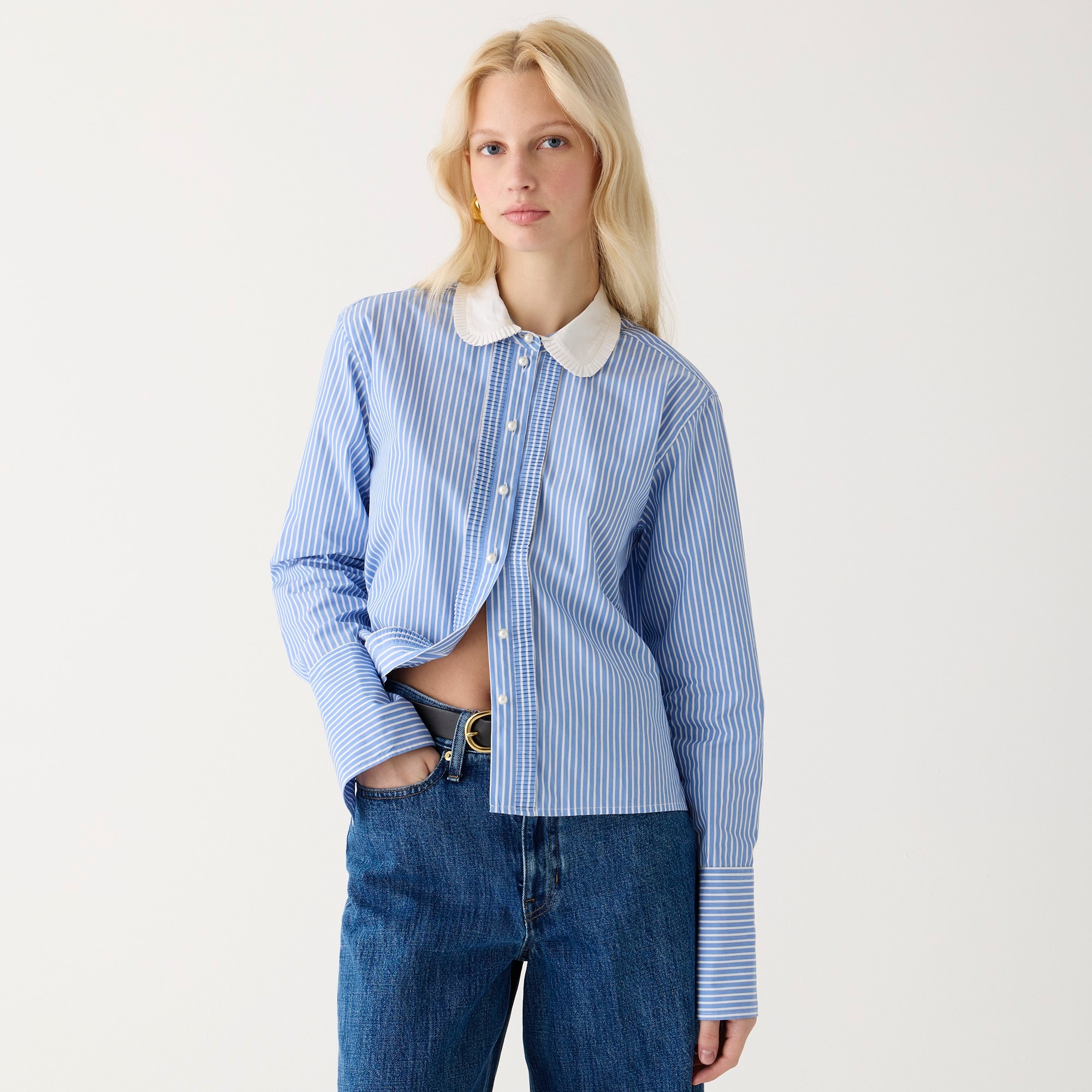 womens Cropped gar&ccedil;on shirt with pearl buttons in stripe