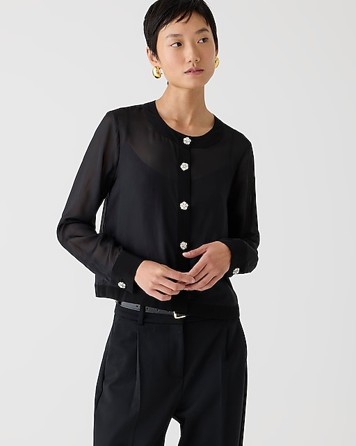 womens Sheer button-up shirt with jewel buttons in organza blend